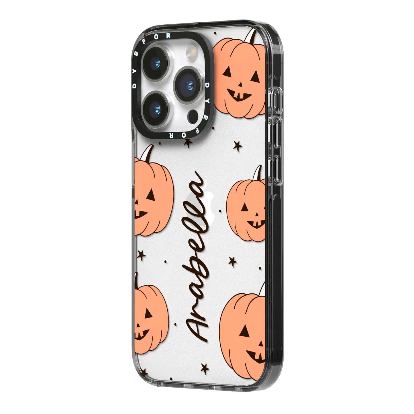 Personalised Orange Pumpkin iPhone 14 Pro Black Impact Case Side Angle on Silver phone