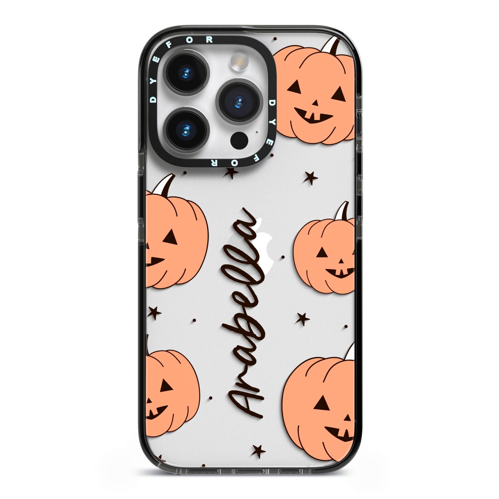 Personalised Orange Pumpkin iPhone 14 Pro Black Impact Case on Silver phone