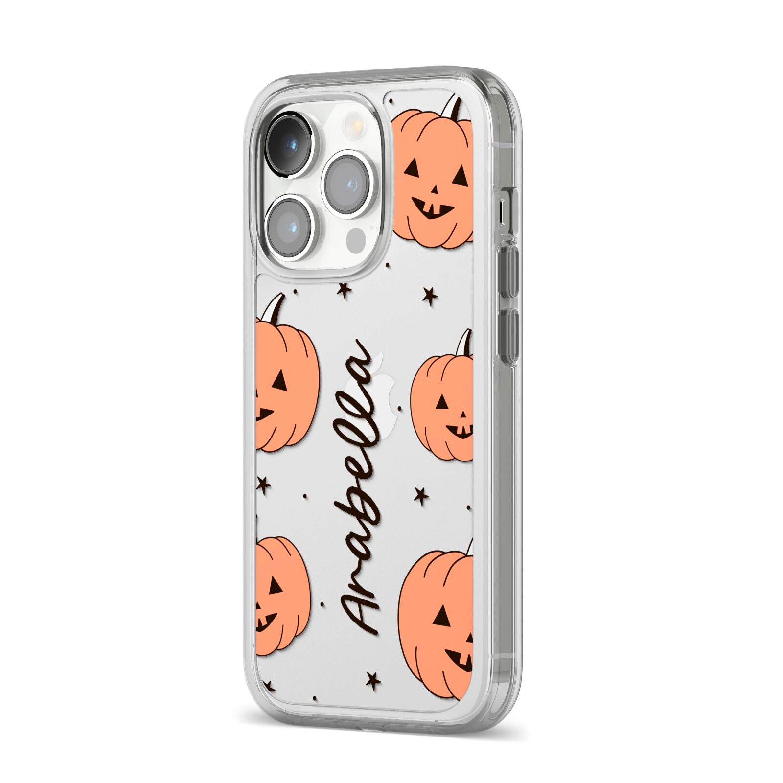Personalised Orange Pumpkin iPhone 14 Pro Clear Tough Case Silver Angled Image