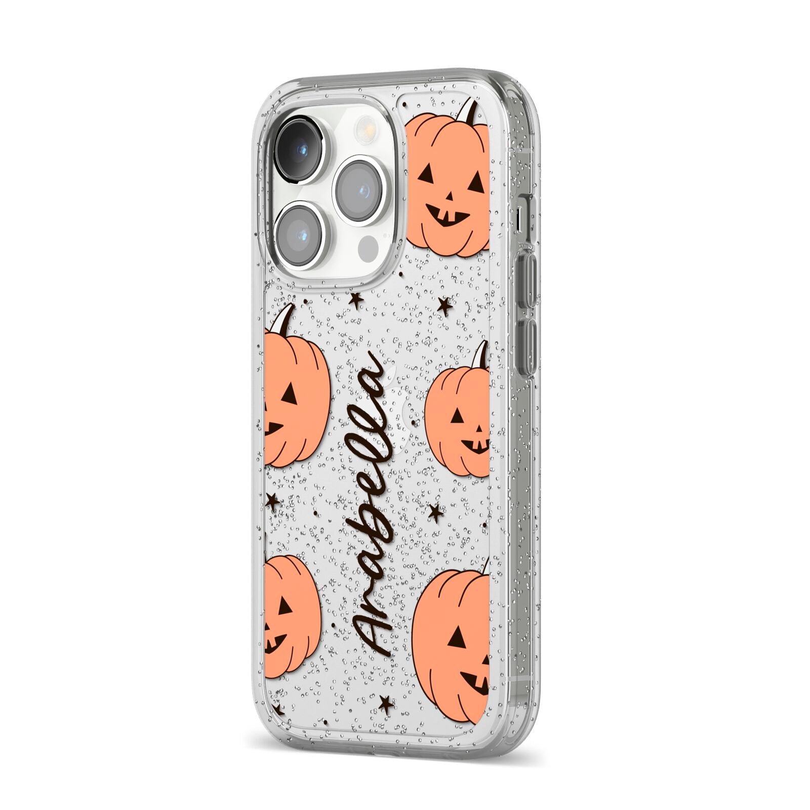 Personalised Orange Pumpkin iPhone 14 Pro Glitter Tough Case Silver Angled Image