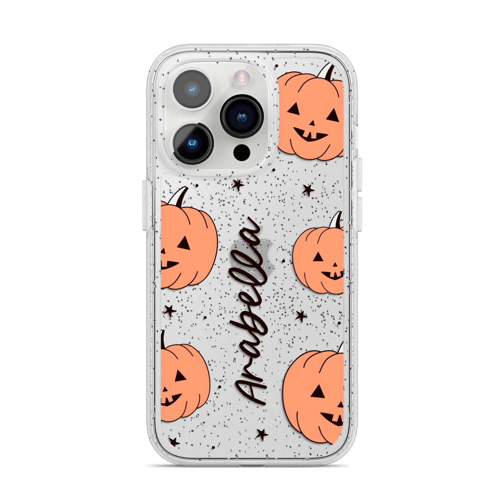 Personalised Orange Pumpkin iPhone 14 Pro Glitter Tough Case Silver
