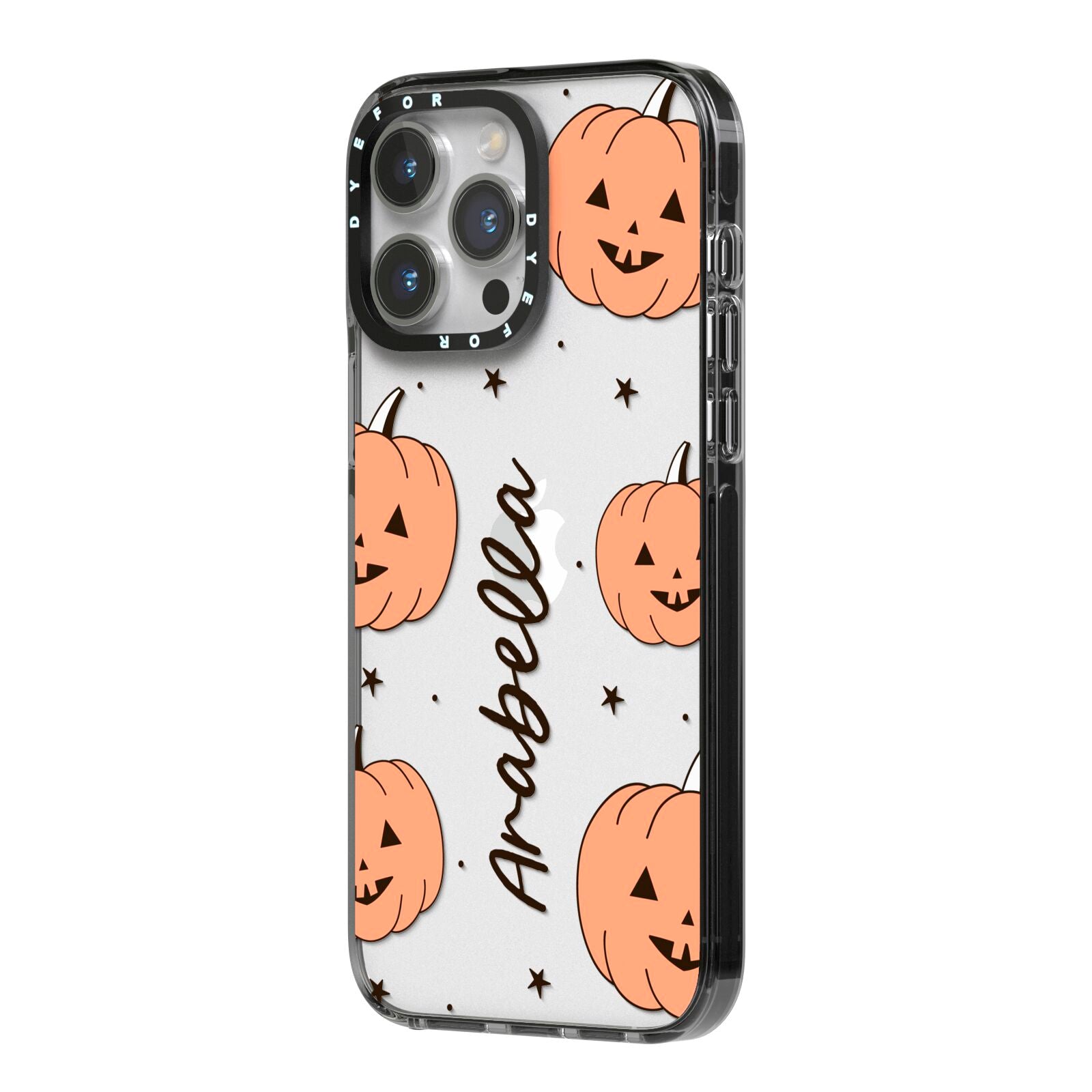 Personalised Orange Pumpkin iPhone 14 Pro Max Black Impact Case Side Angle on Silver phone