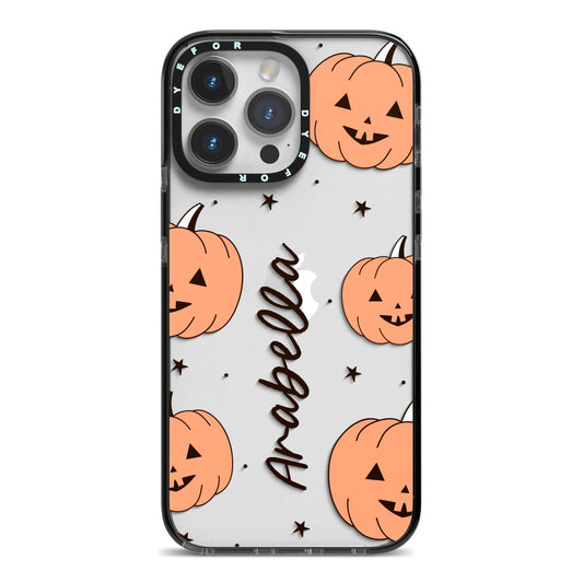 Personalised Orange Pumpkin iPhone 14 Pro Max Black Impact Case on Silver phone
