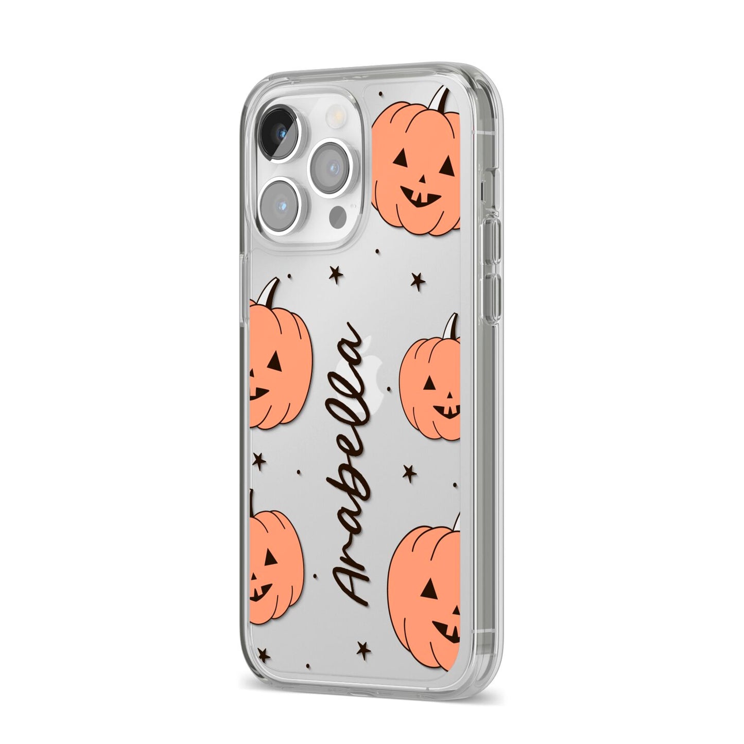 Personalised Orange Pumpkin iPhone 14 Pro Max Clear Tough Case Silver Angled Image