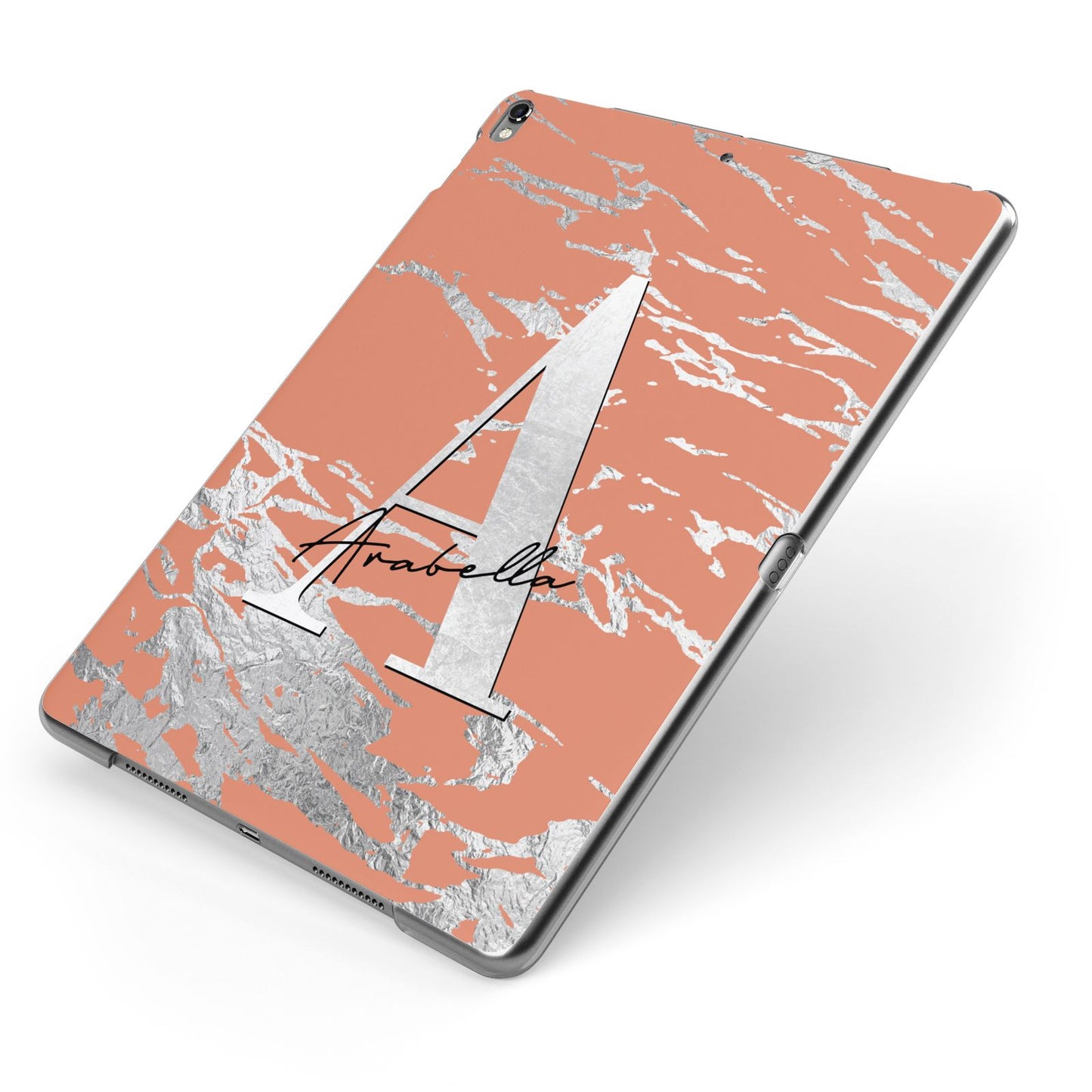 Personalised Orange Silver Apple iPad Case on Grey iPad Side View