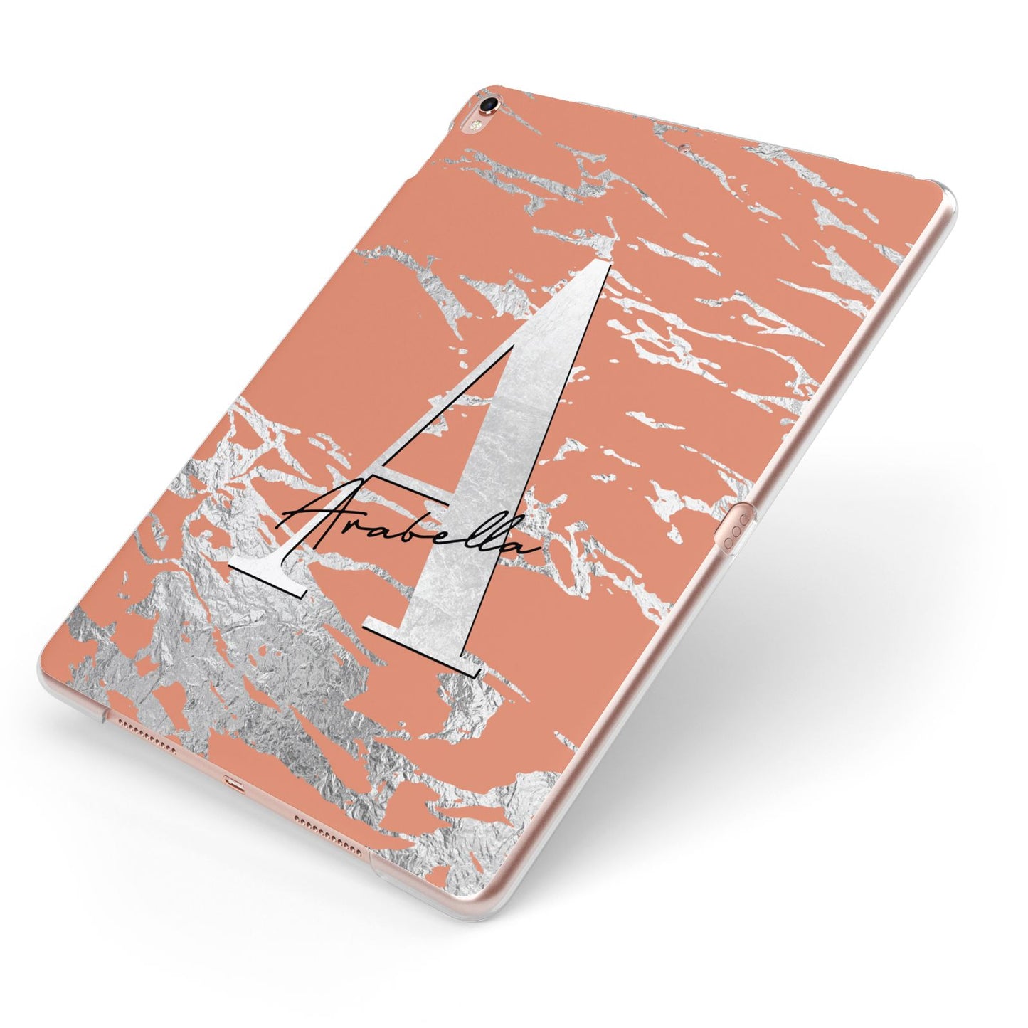 Personalised Orange Silver Apple iPad Case on Rose Gold iPad Side View