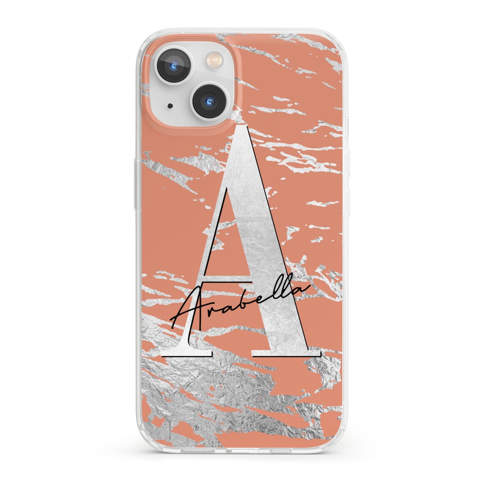 Personalised Orange Silver iPhone 13 Clear Bumper Case