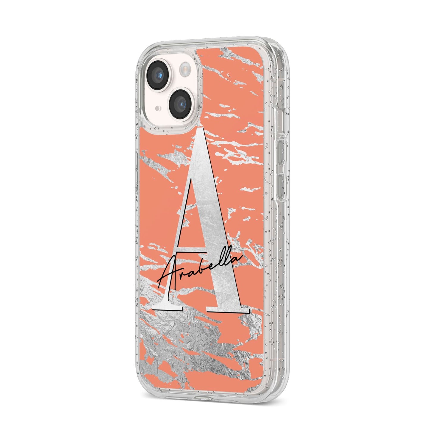 Personalised Orange Silver iPhone 14 Glitter Tough Case Starlight Angled Image