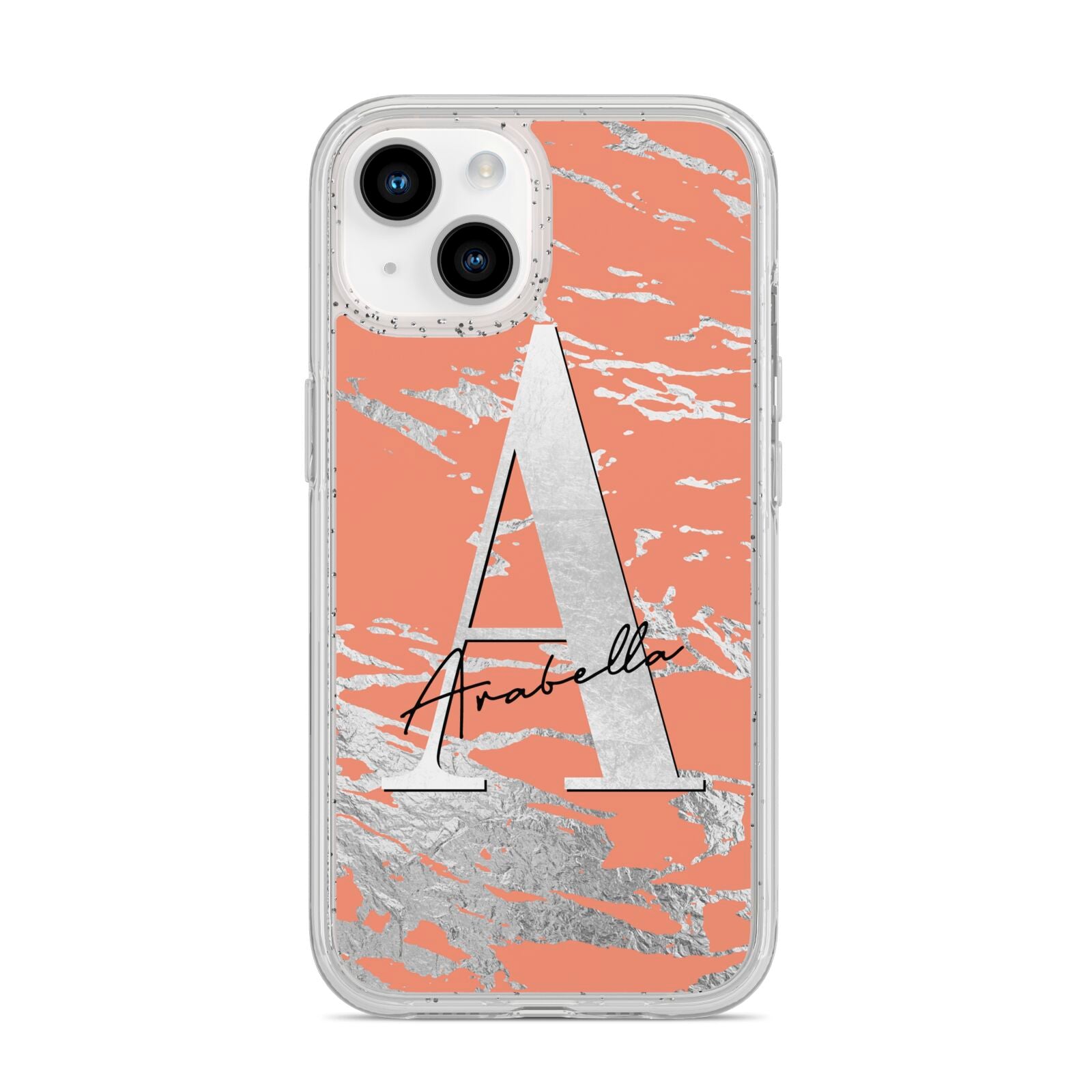Personalised Orange Silver iPhone 14 Glitter Tough Case Starlight