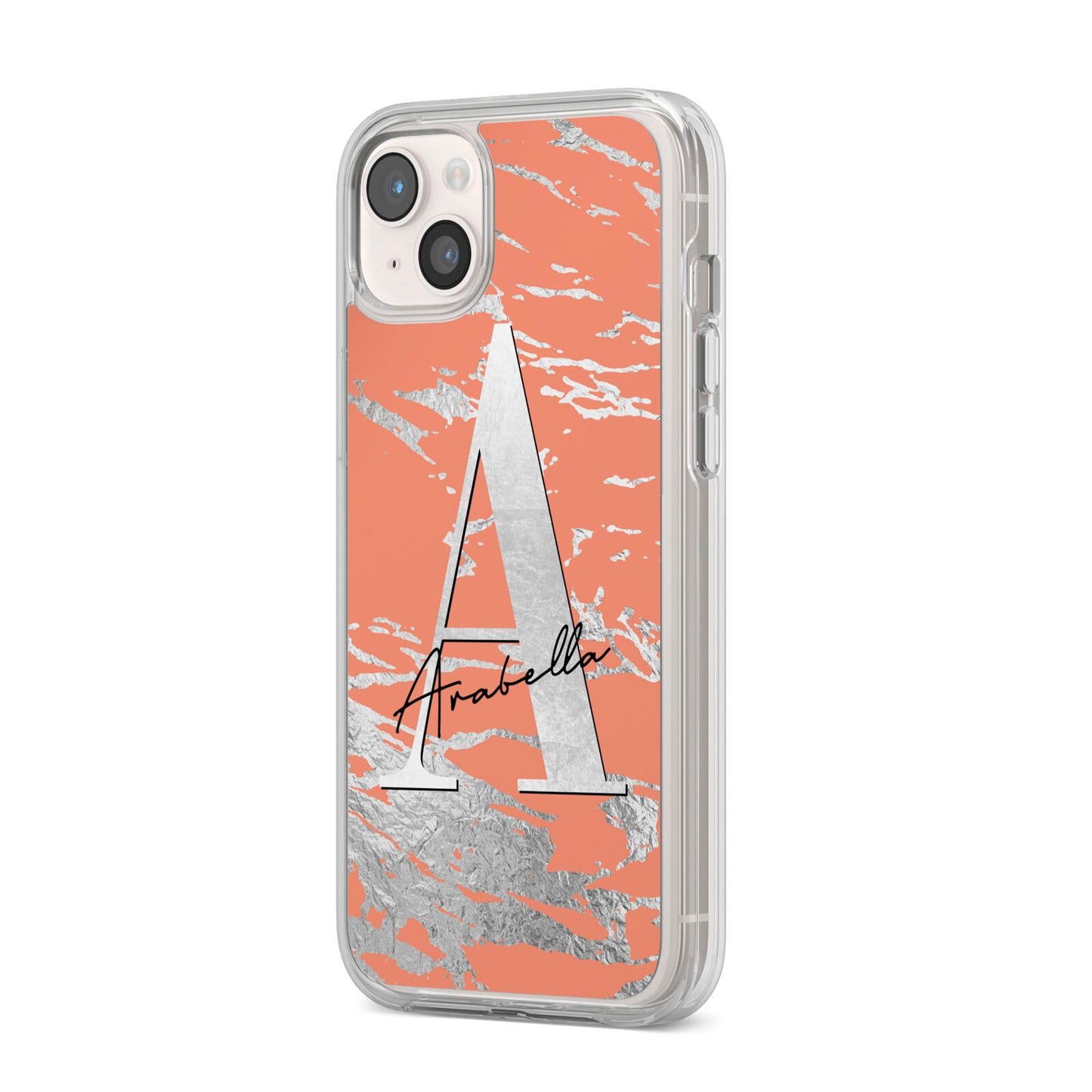 Personalised Orange Silver iPhone 14 Plus Clear Tough Case Starlight Angled Image