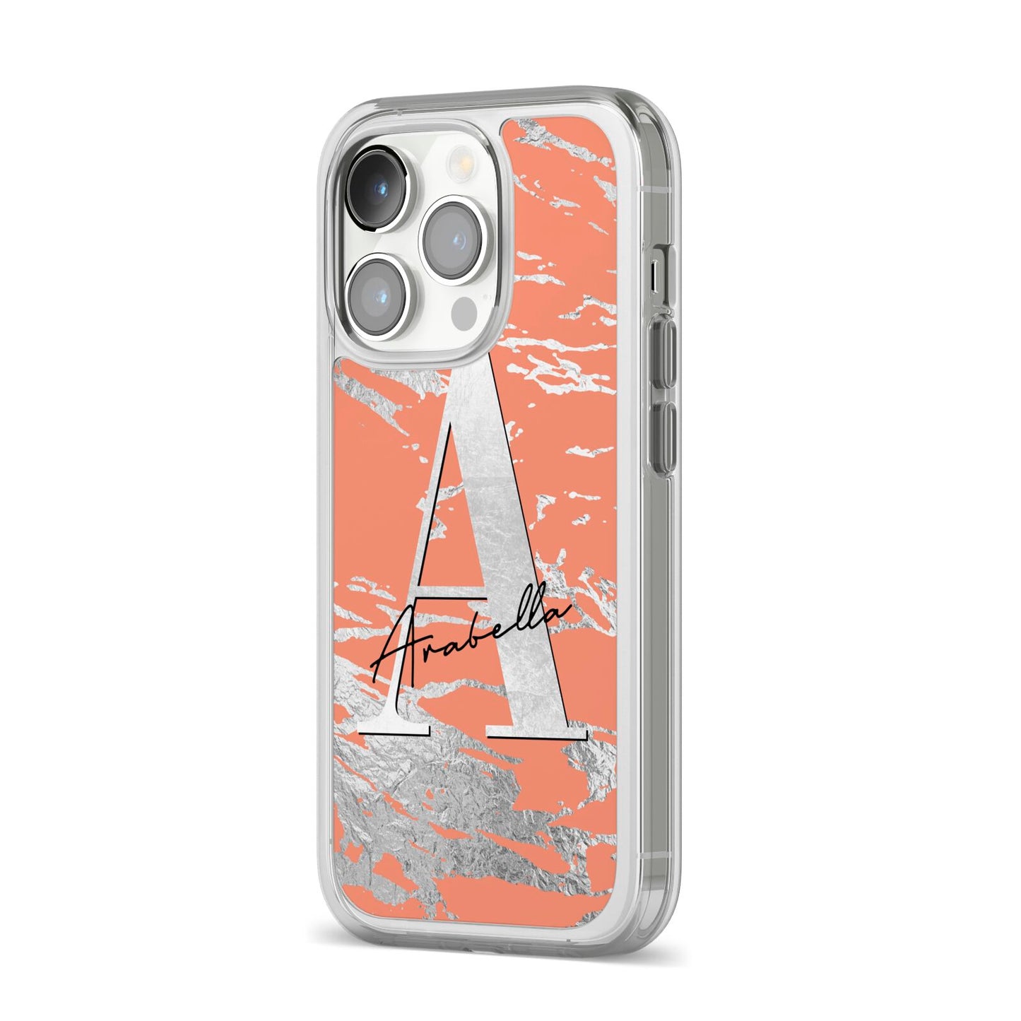 Personalised Orange Silver iPhone 14 Pro Clear Tough Case Silver Angled Image