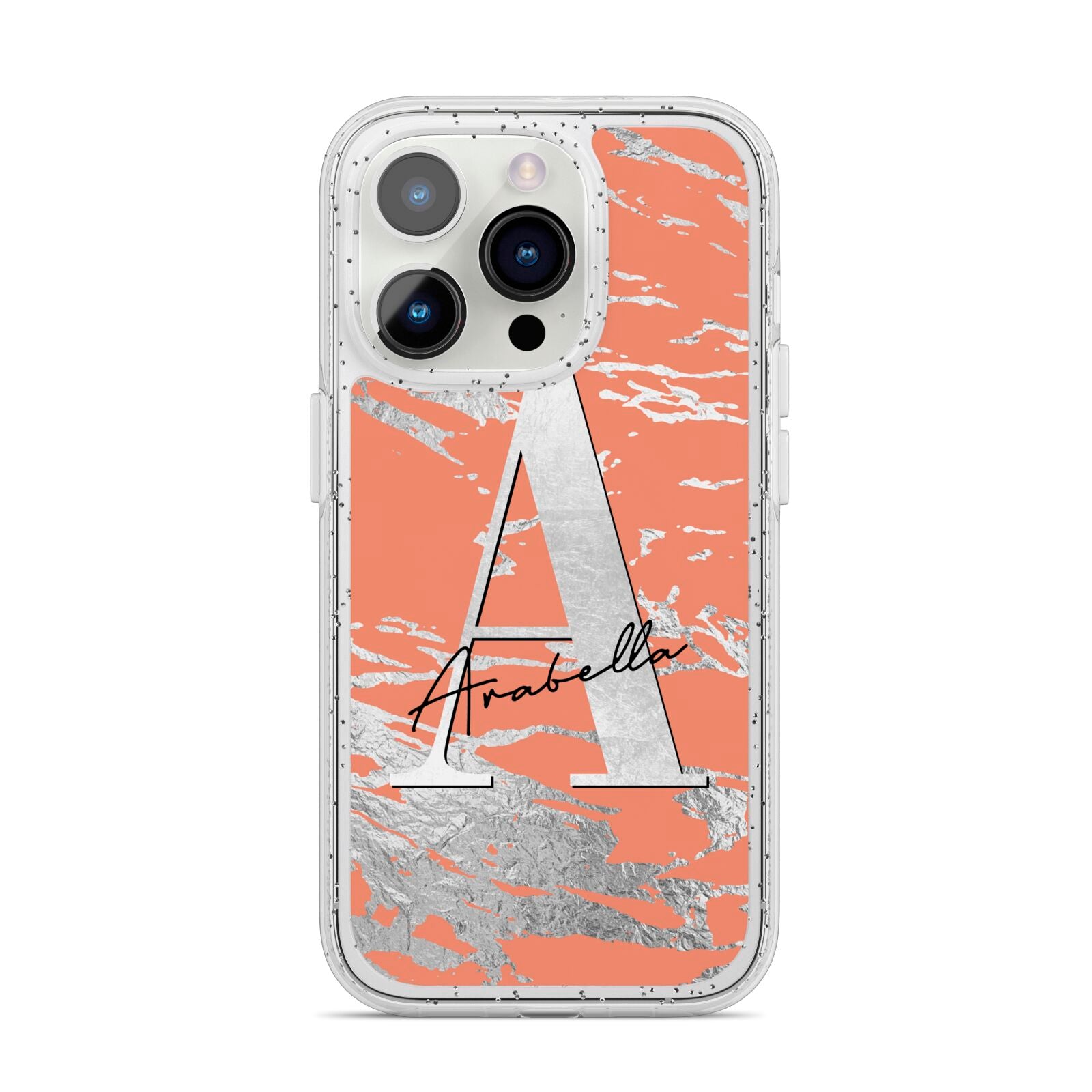 Personalised Orange Silver iPhone 14 Pro Glitter Tough Case Silver