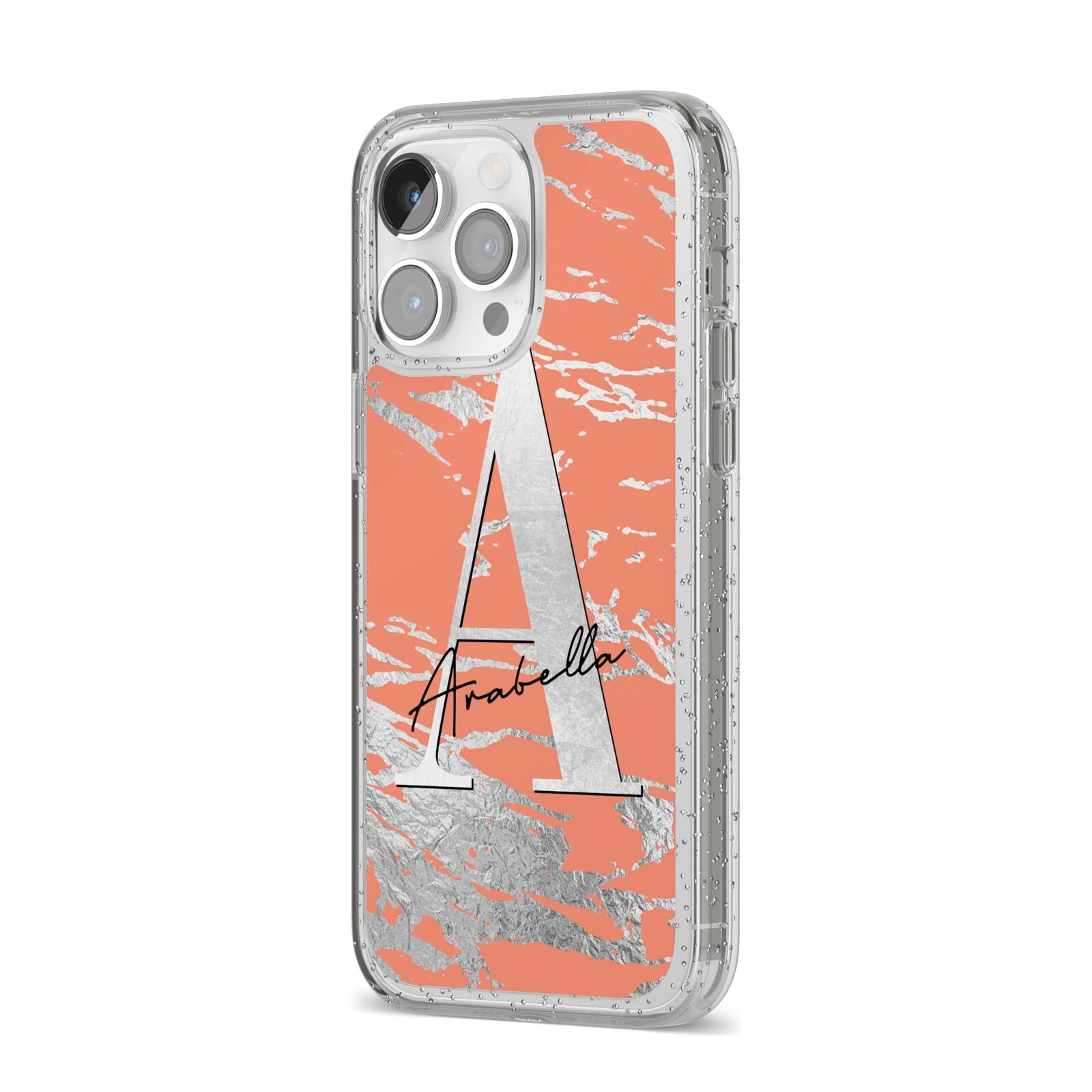 Personalised Orange Silver iPhone 14 Pro Max Glitter Tough Case Silver Angled Image