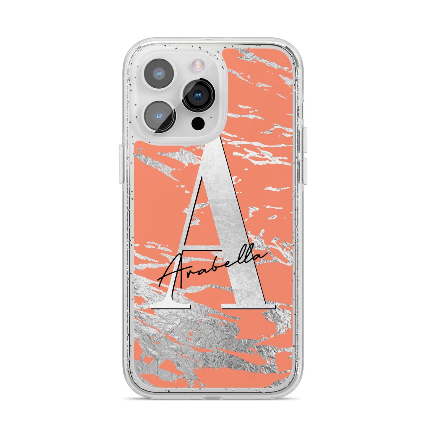 Personalised Orange Silver iPhone 14 Pro Max Glitter Tough Case Silver