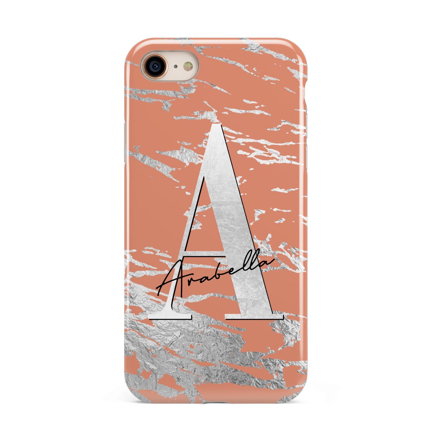 Personalised Orange Silver iPhone 8 3D Tough Case on Gold Phone