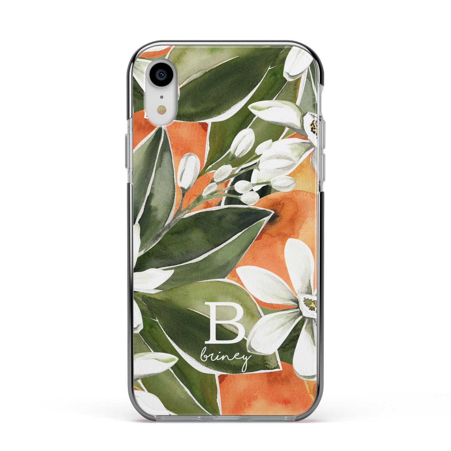 Personalised Orange Tree Apple iPhone XR Impact Case Black Edge on Silver Phone
