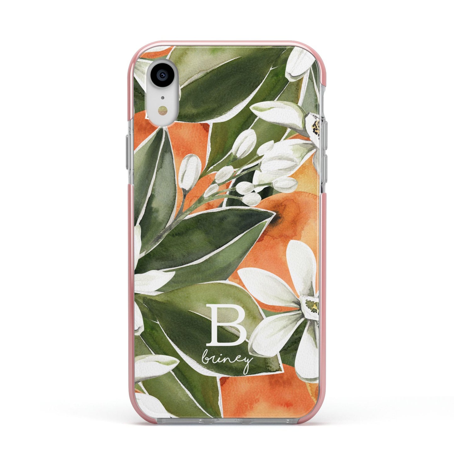 Personalised Orange Tree Apple iPhone XR Impact Case Pink Edge on Silver Phone
