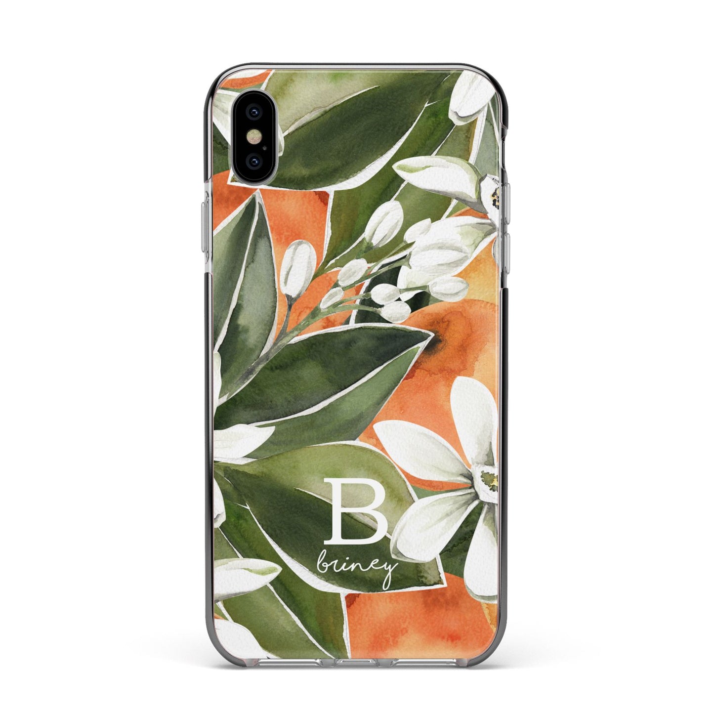 Personalised Orange Tree Apple iPhone Xs Max Impact Case Black Edge on Silver Phone