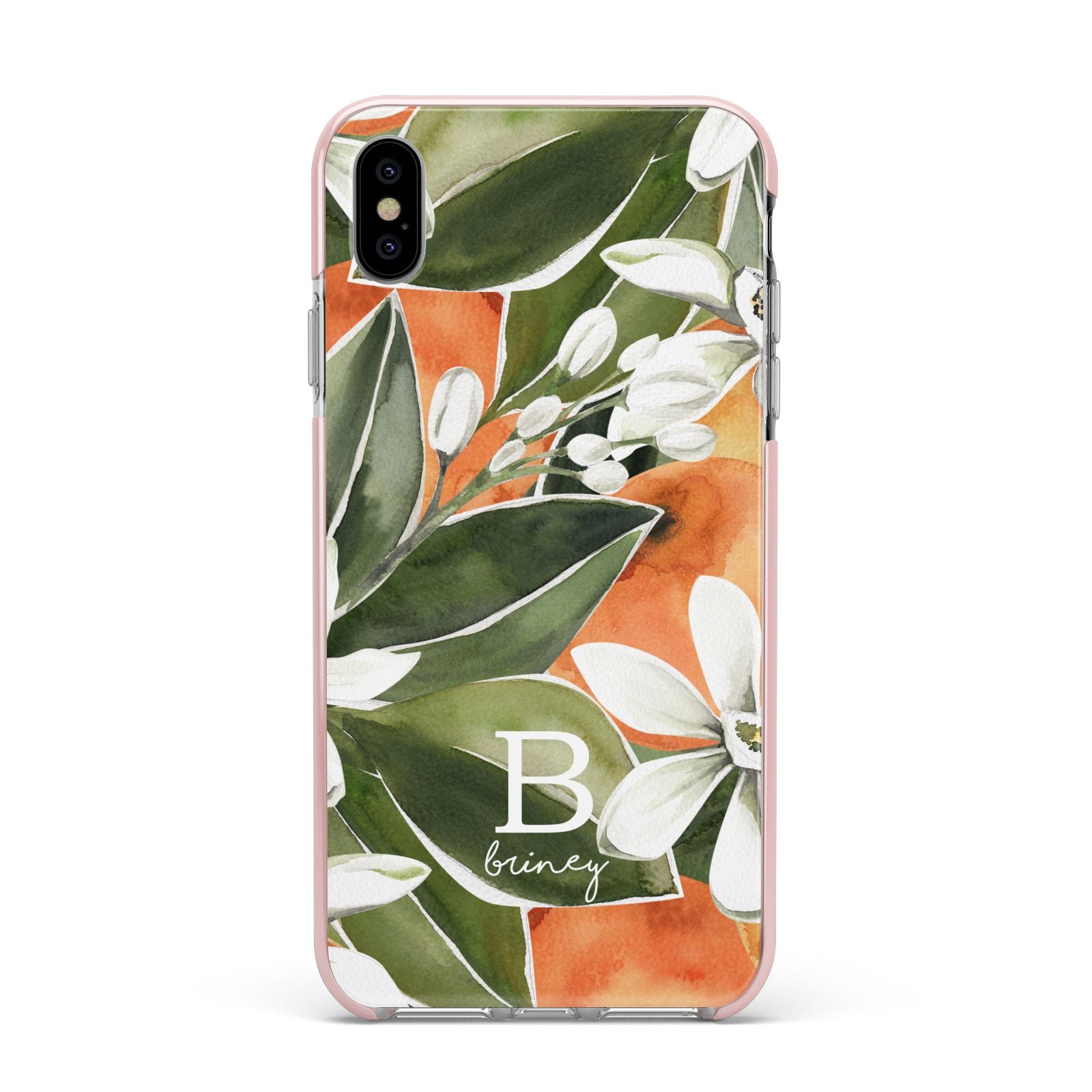 Personalised Orange Tree Apple iPhone Xs Max Impact Case Pink Edge on Silver Phone