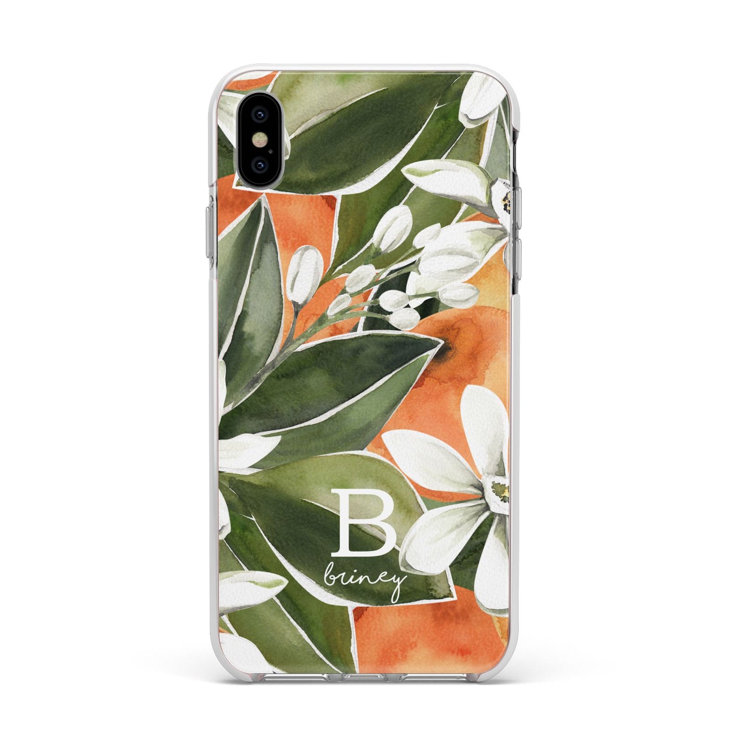 Personalised Orange Tree Apple iPhone Xs Max Impact Case White Edge on Silver Phone