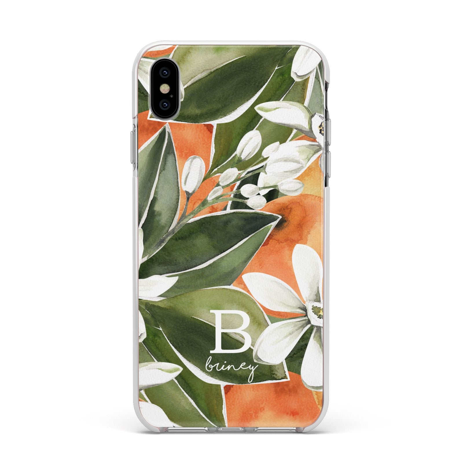 Personalised Orange Tree Apple iPhone Xs Max Impact Case White Edge on Silver Phone