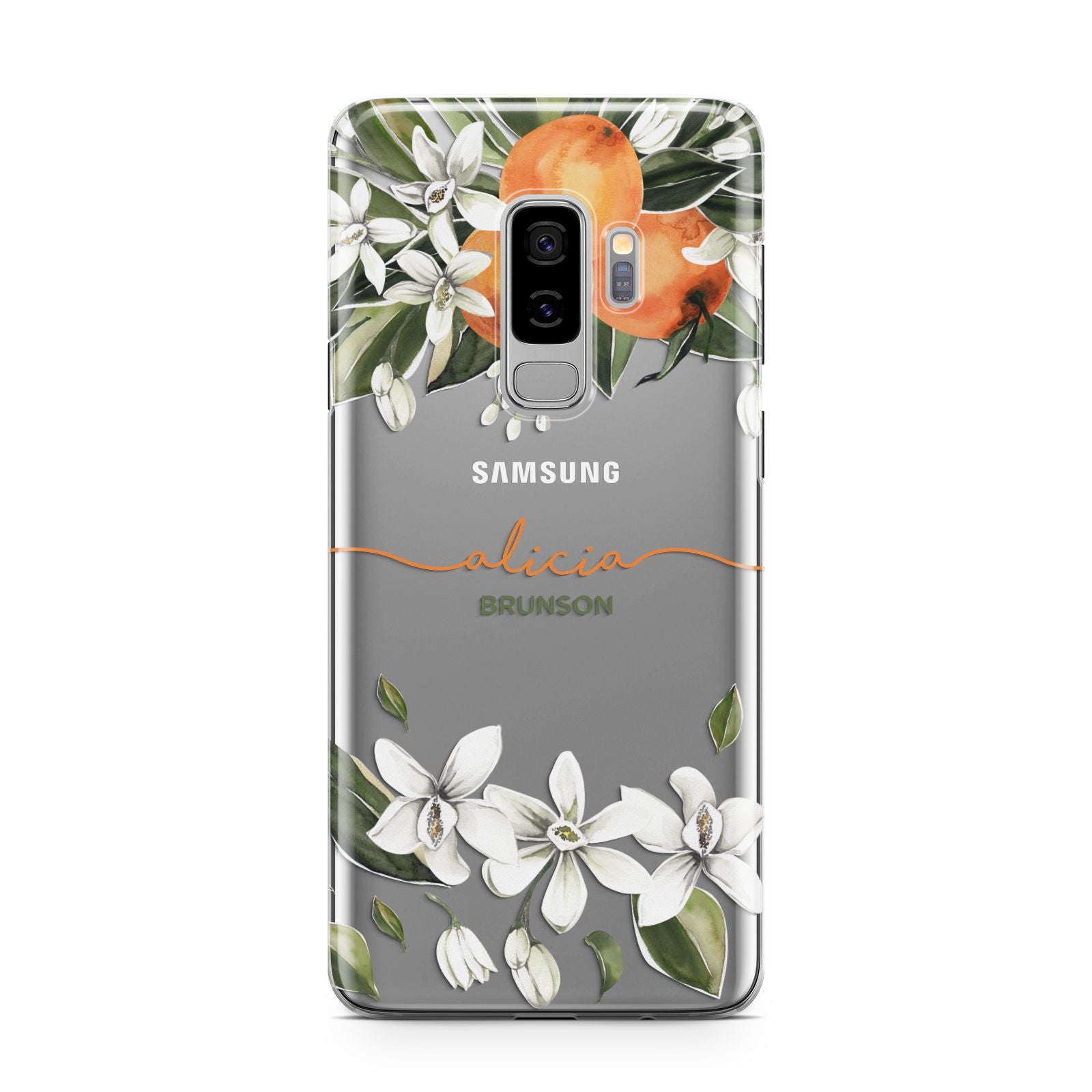 Personalised Orange Tree Wreath Samsung Galaxy S9 Plus Case on Silver phone