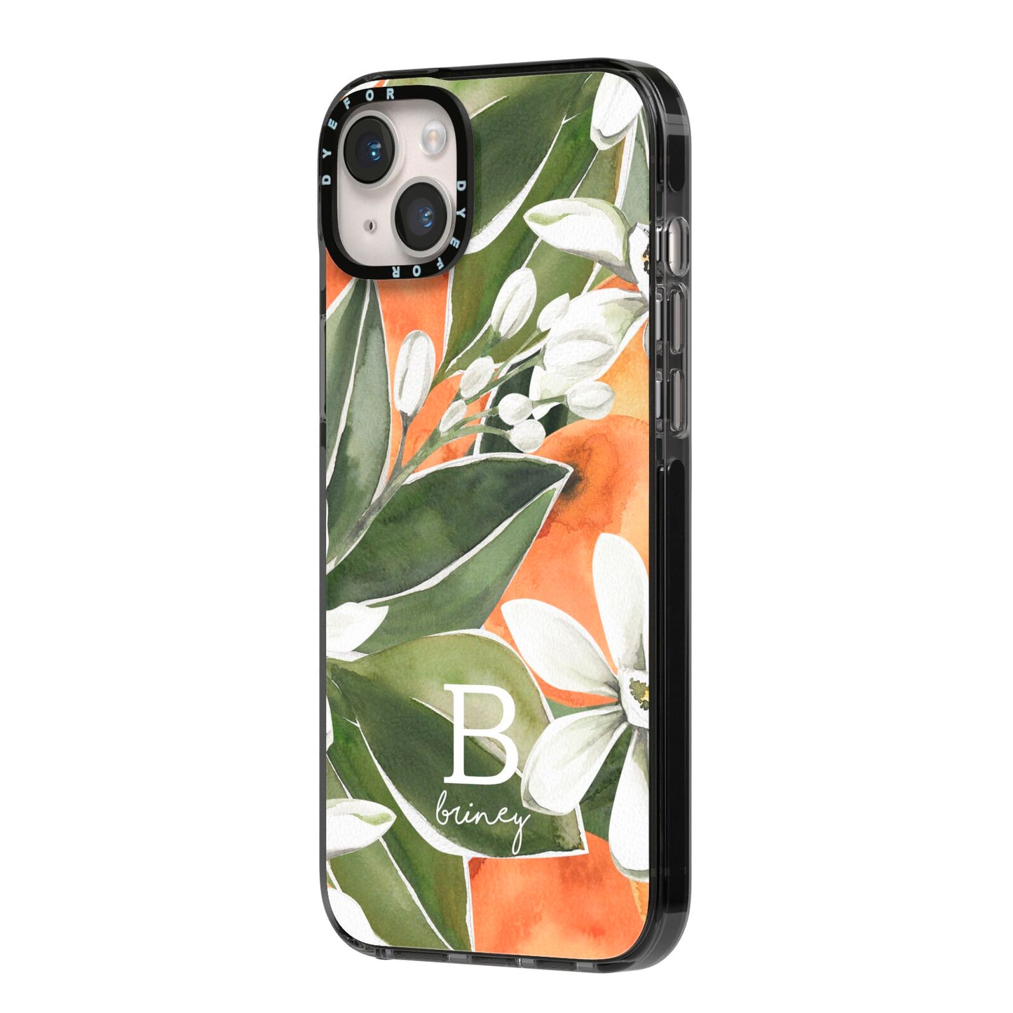Personalised Orange Tree iPhone 14 Plus Black Impact Case Side Angle on Silver phone
