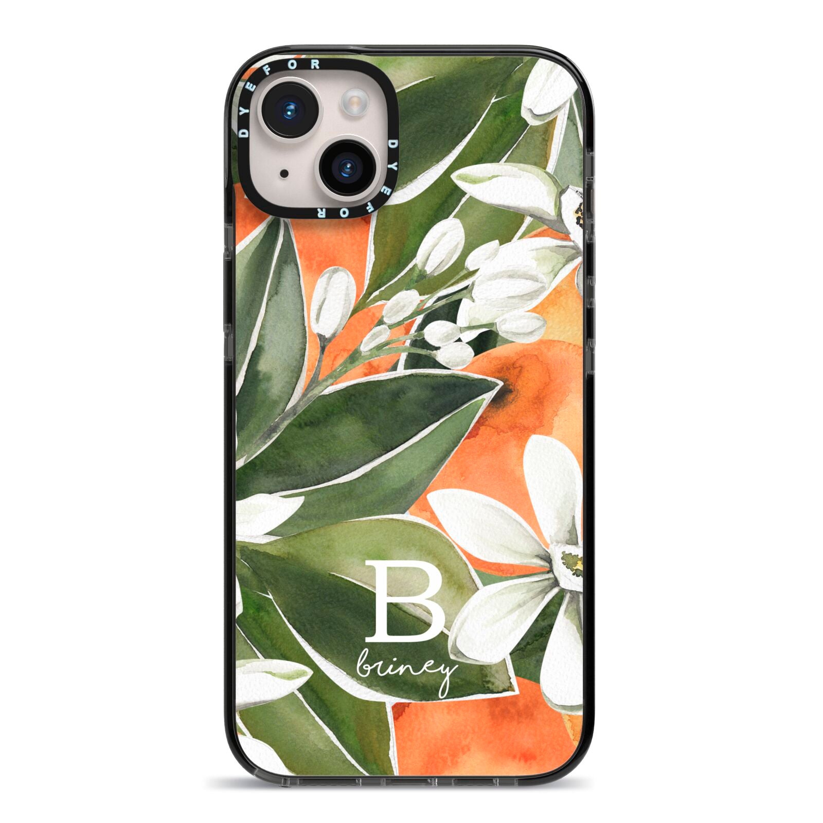 Personalised Orange Tree iPhone 14 Plus Black Impact Case on Silver phone