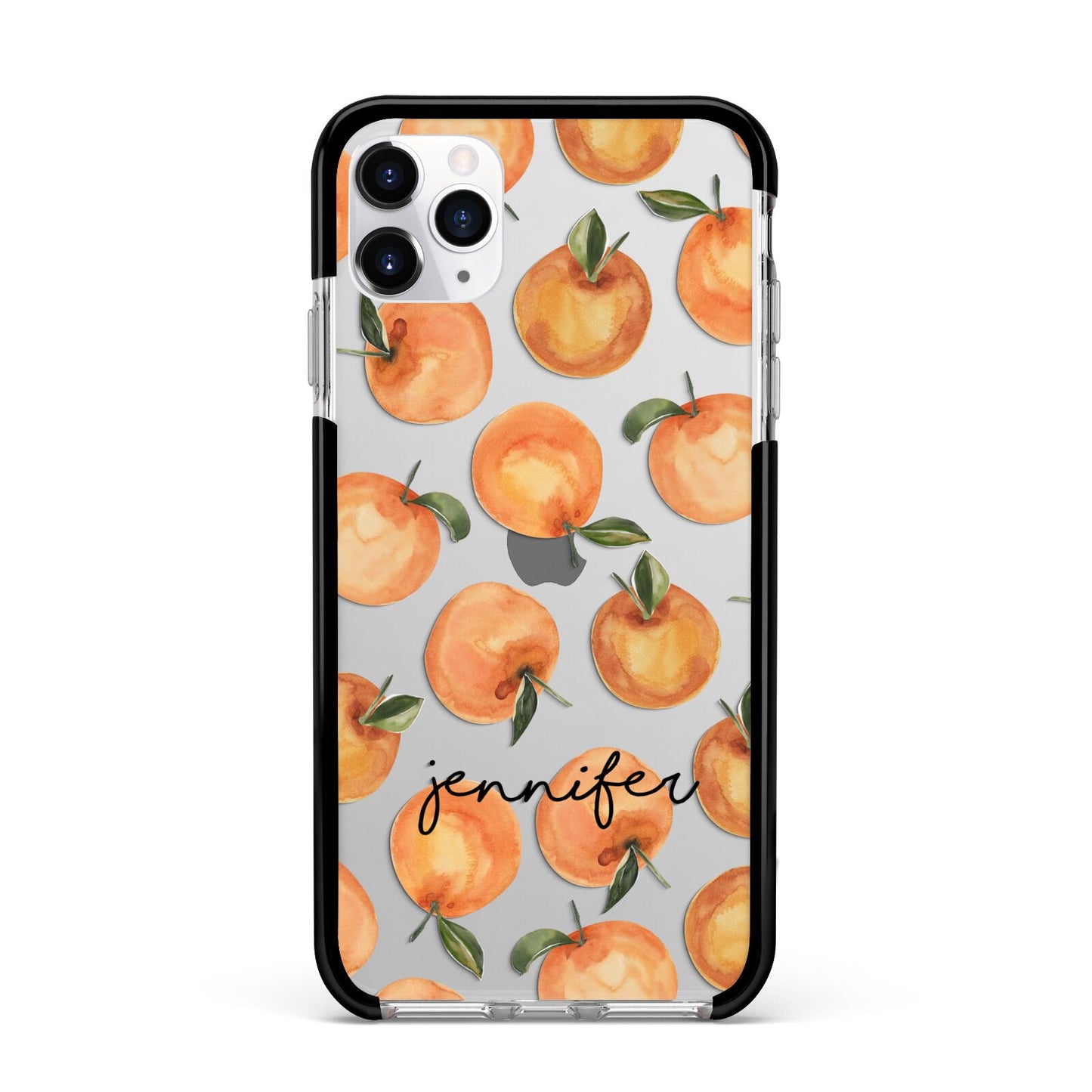 Personalised Oranges Name Apple iPhone 11 Pro Max in Silver with Black Impact Case