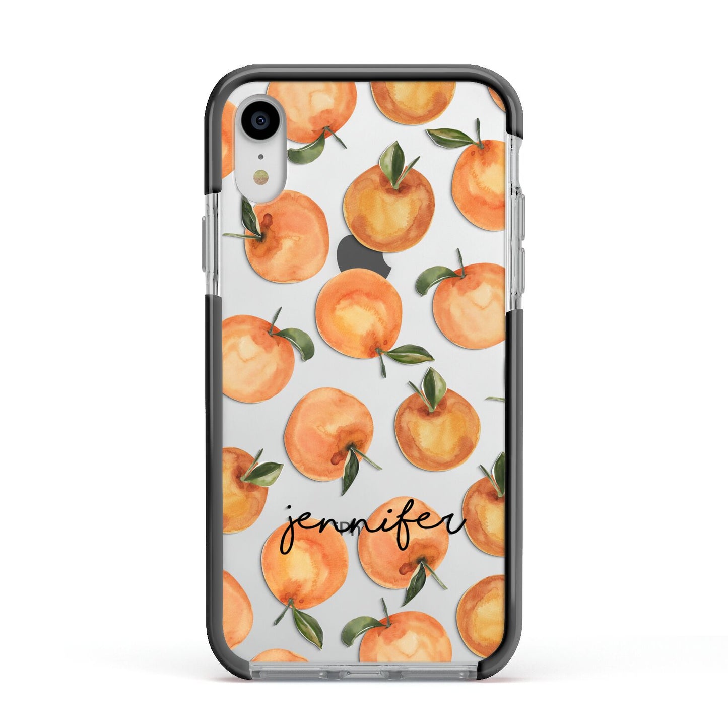 Personalised Oranges Name Apple iPhone XR Impact Case Black Edge on Silver Phone