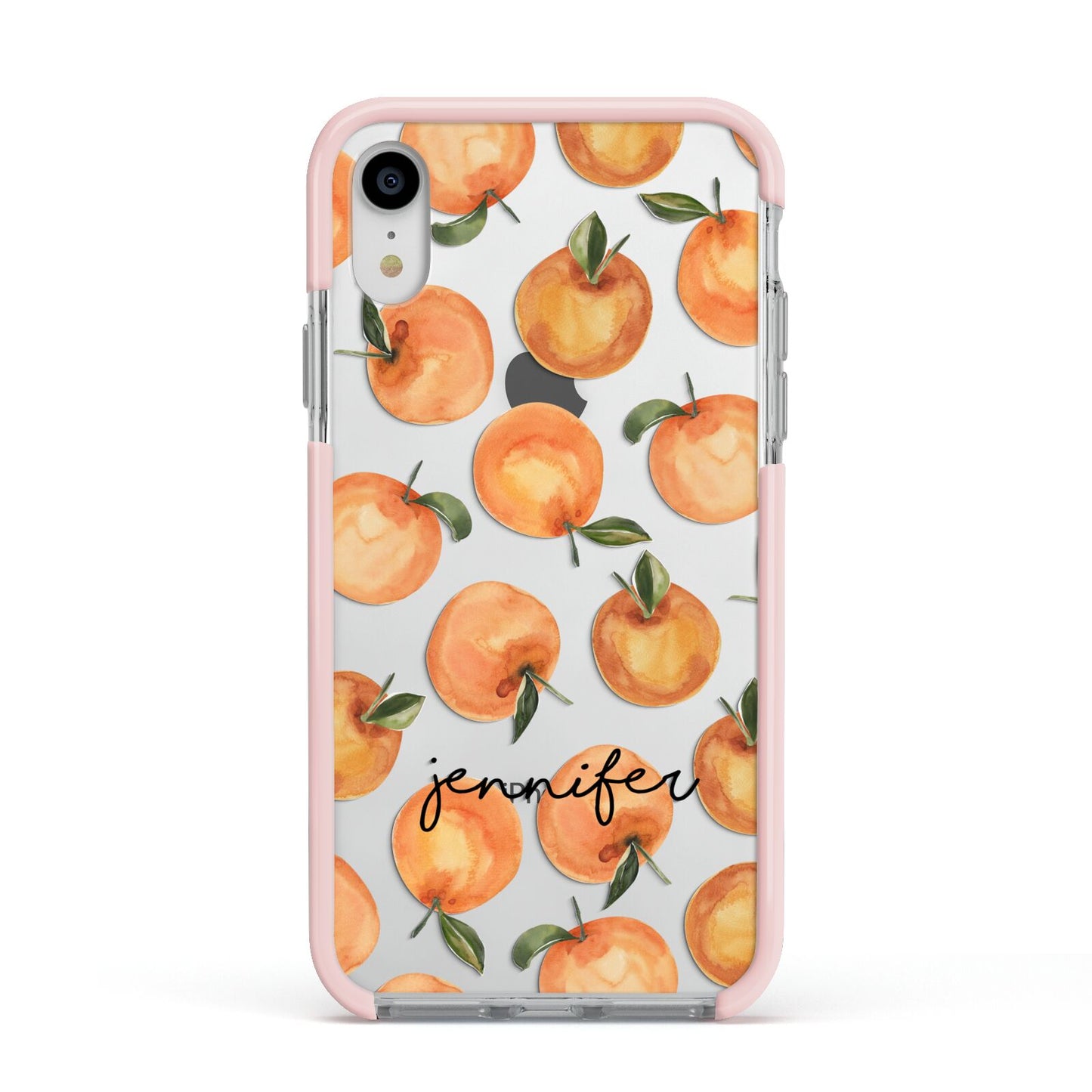 Personalised Oranges Name Apple iPhone XR Impact Case Pink Edge on Silver Phone