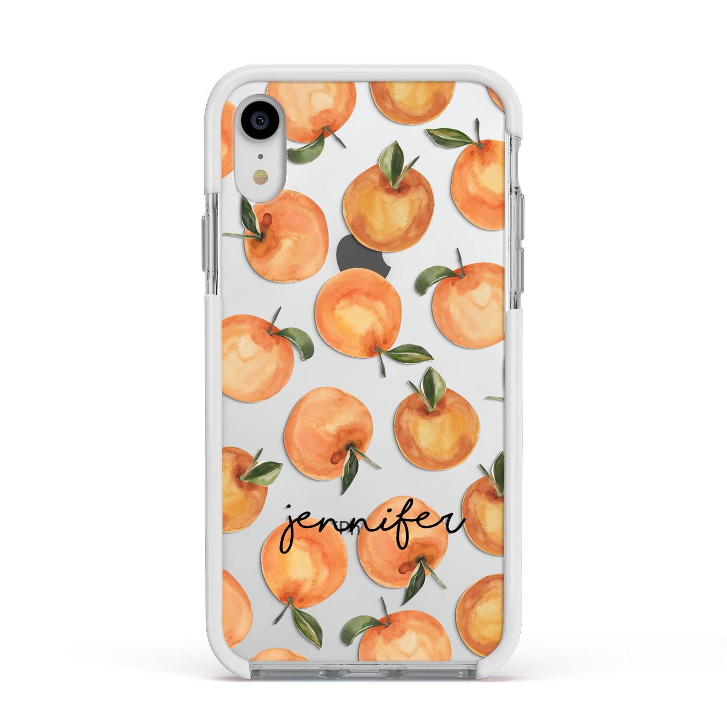 Personalised Oranges Name Apple iPhone XR Impact Case White Edge on Silver Phone