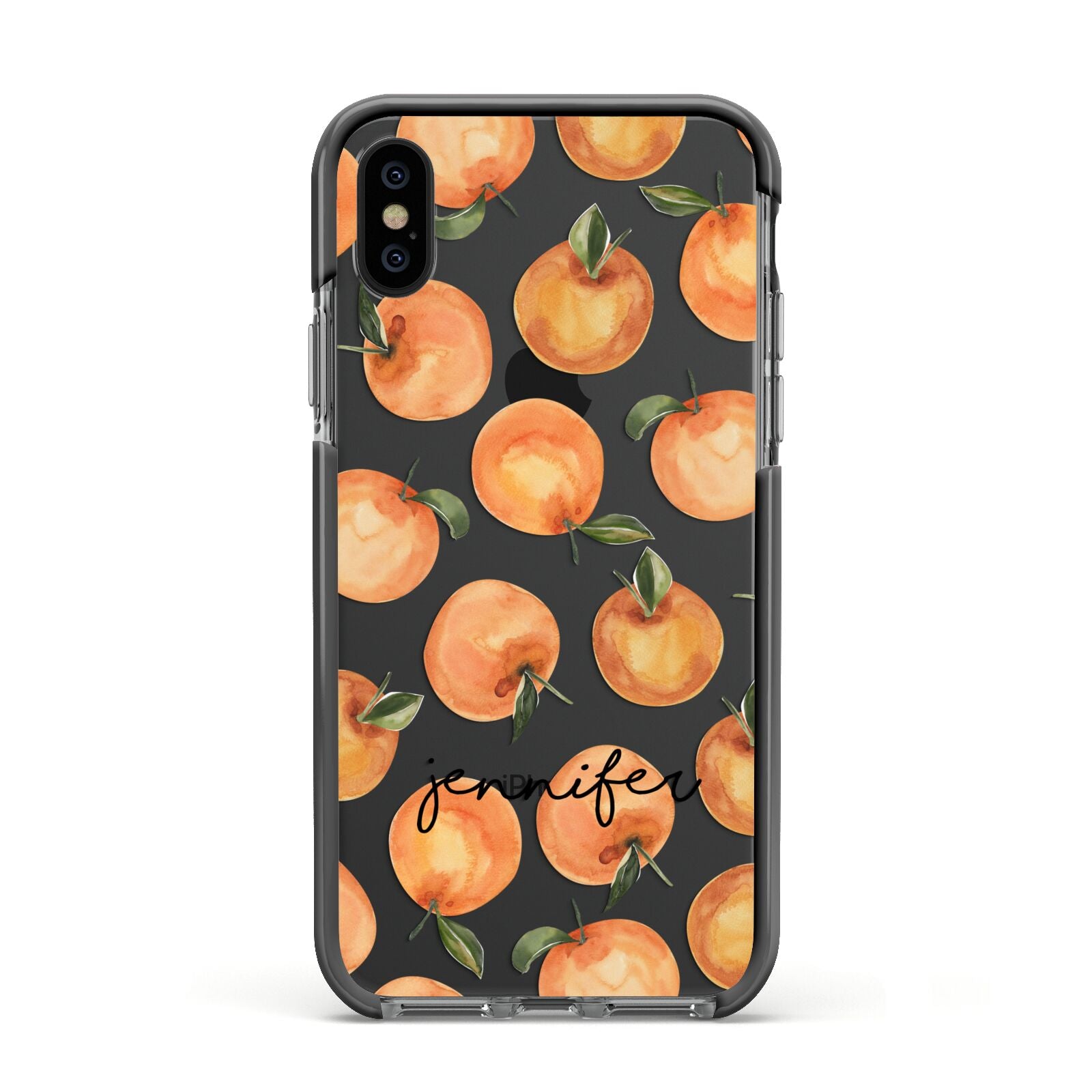 Personalised Oranges Name Apple iPhone Xs Impact Case Black Edge on Black Phone