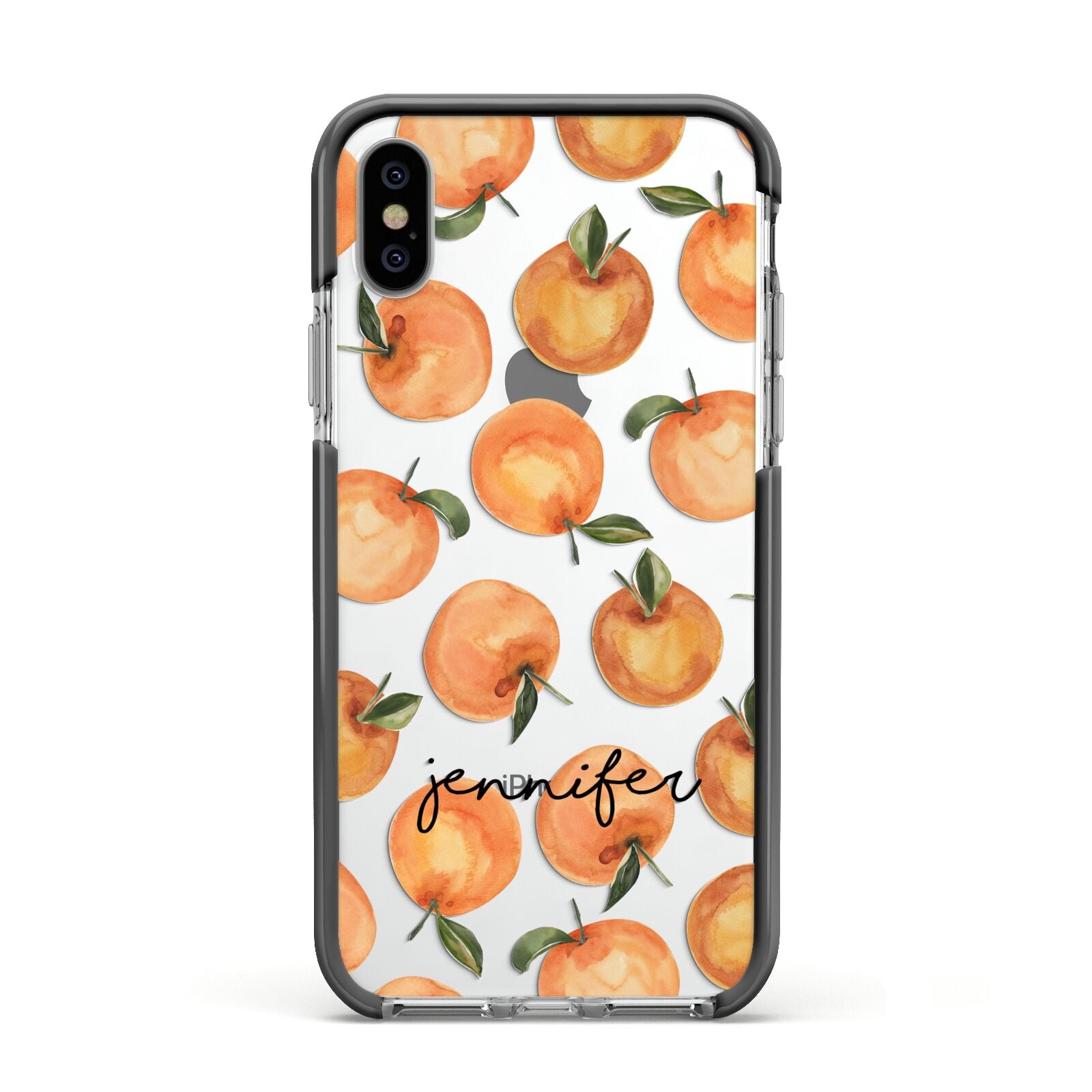 Personalised Oranges Name Apple iPhone Xs Impact Case Black Edge on Silver Phone