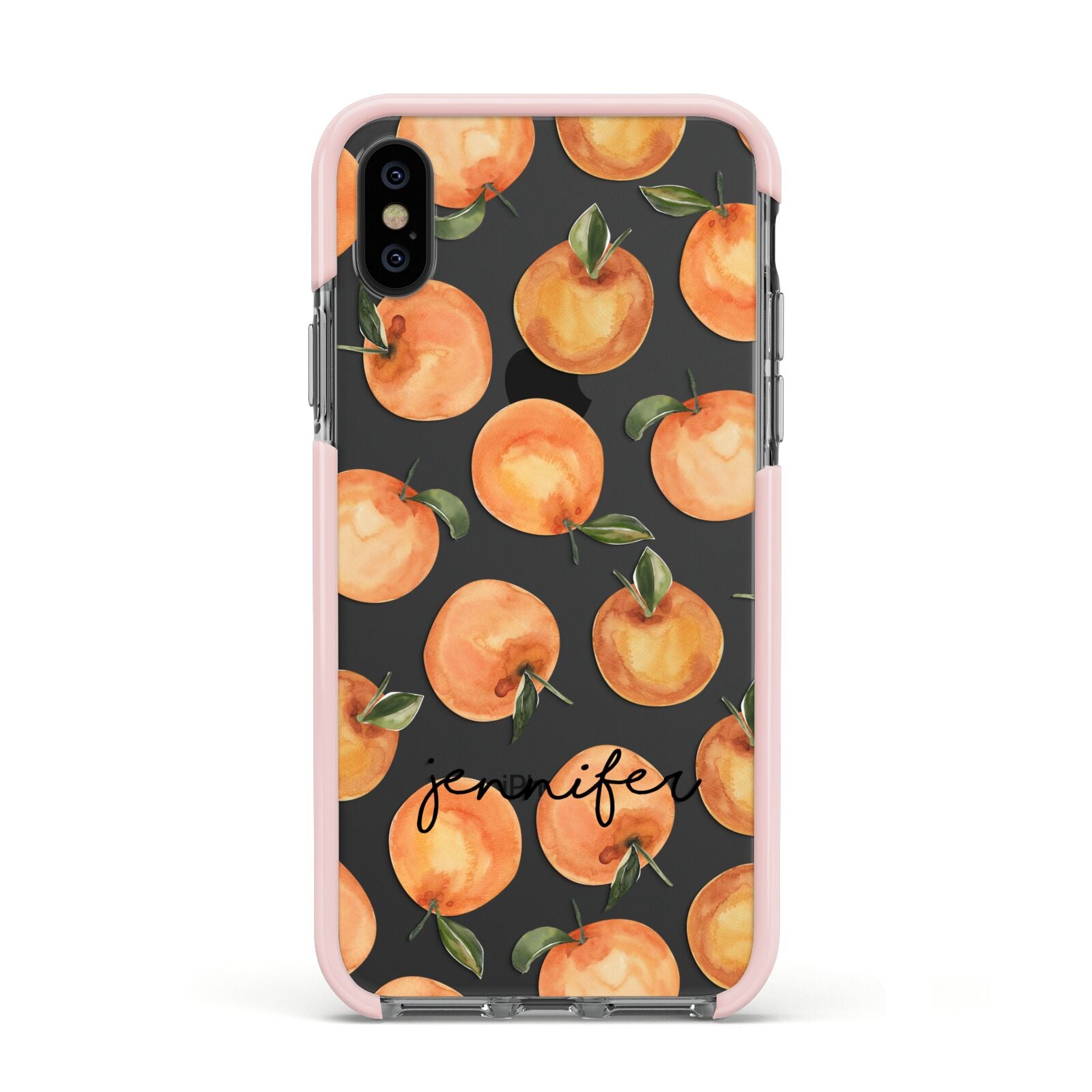 Personalised Oranges Name Apple iPhone Xs Impact Case Pink Edge on Black Phone