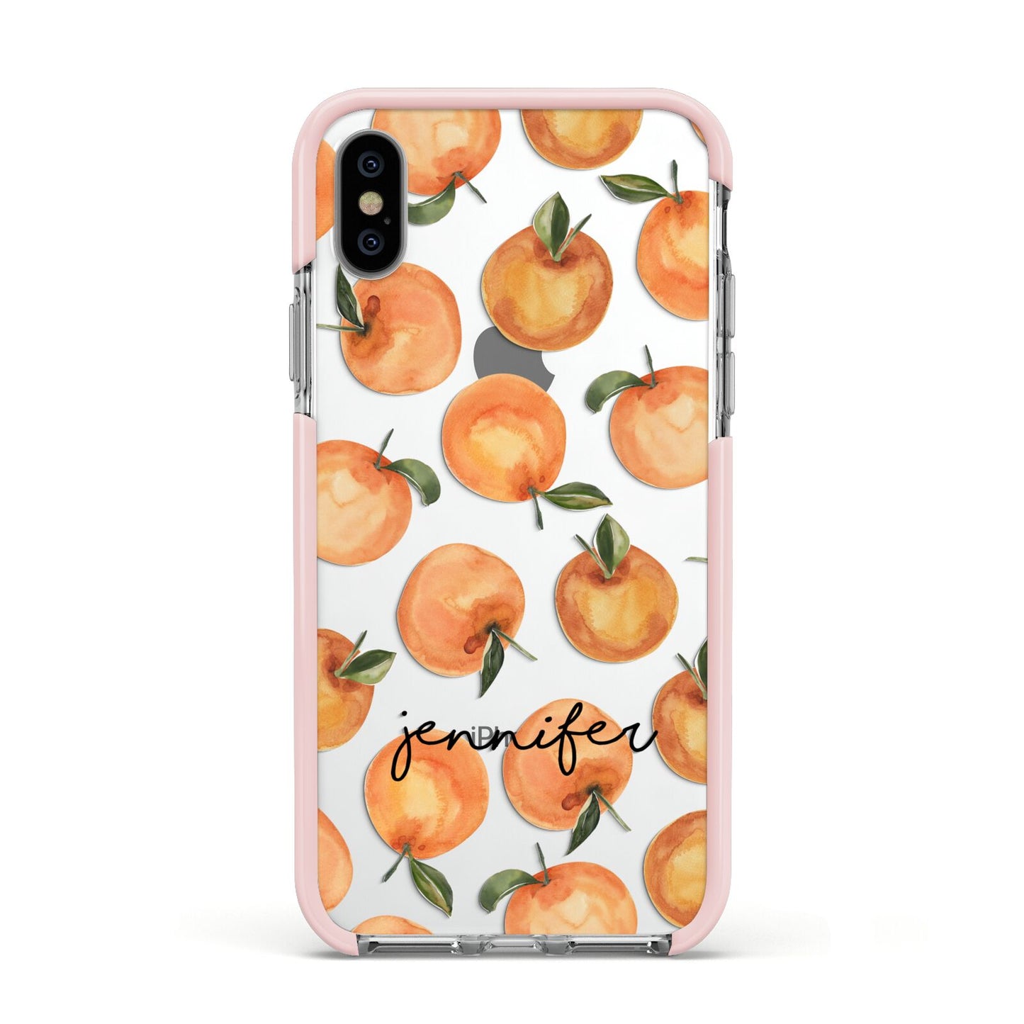 Personalised Oranges Name Apple iPhone Xs Impact Case Pink Edge on Silver Phone