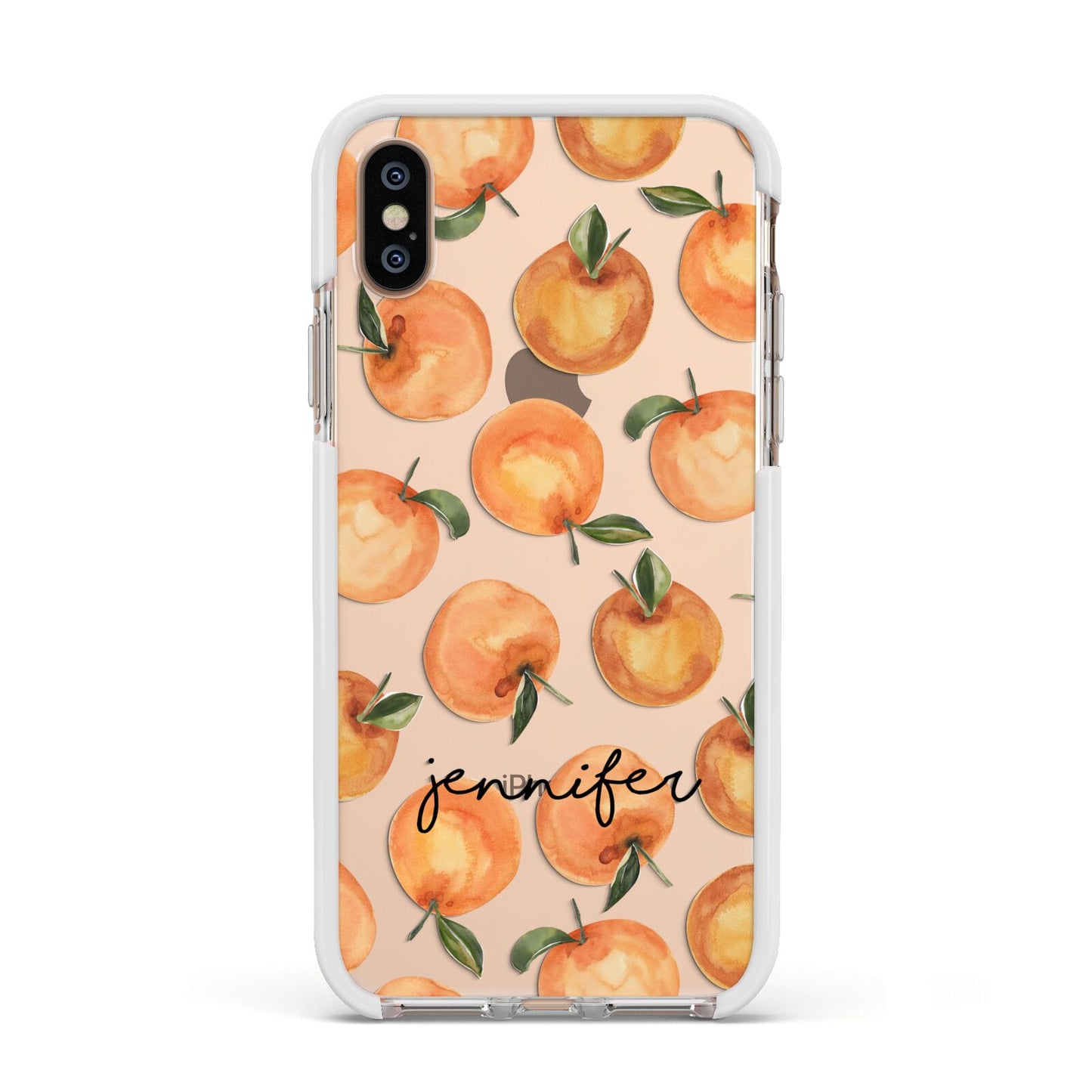 Personalised Oranges Name Apple iPhone Xs Impact Case White Edge on Gold Phone