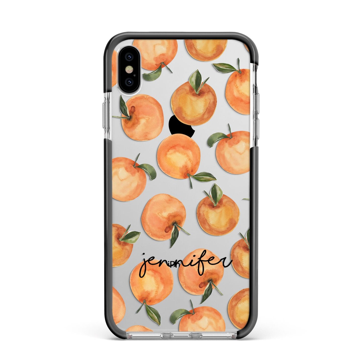 Personalised Oranges Name Apple iPhone Xs Max Impact Case Black Edge on Silver Phone
