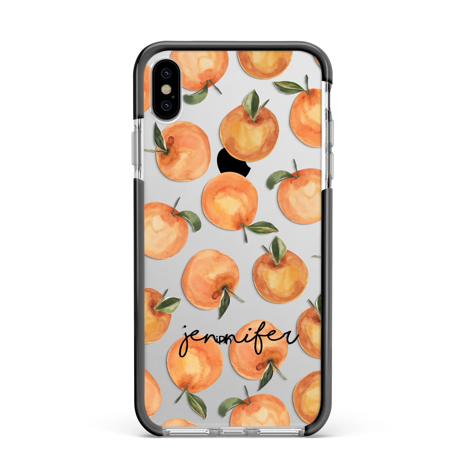 Personalised Oranges Name Apple iPhone Xs Max Impact Case Black Edge on Silver Phone