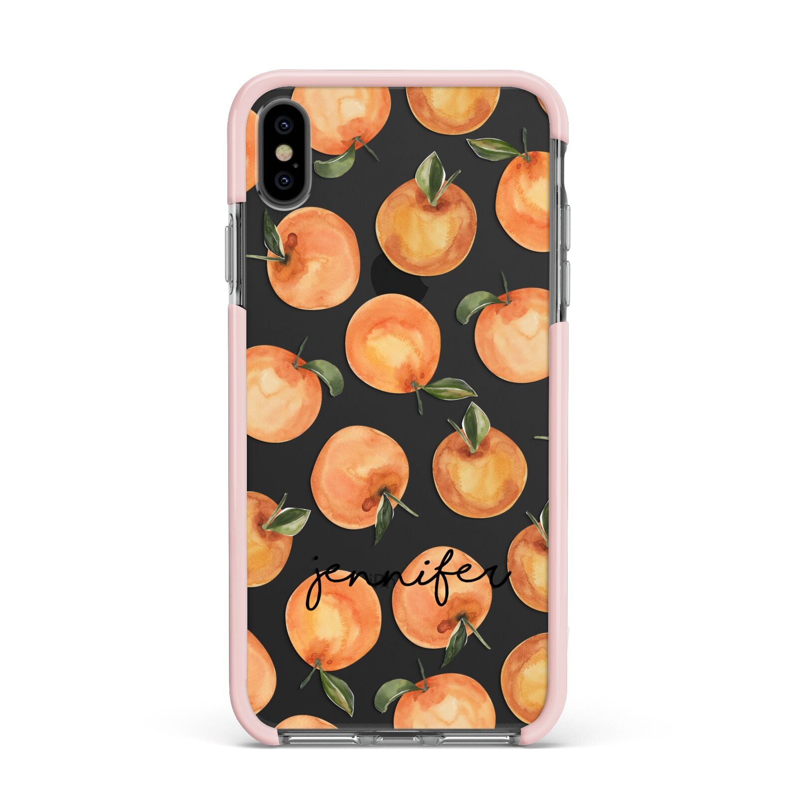 Personalised Oranges Name Apple iPhone Xs Max Impact Case Pink Edge on Black Phone