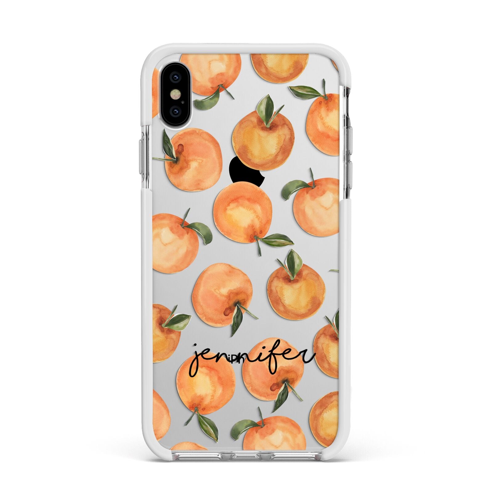 Personalised Oranges Name Apple iPhone Xs Max Impact Case White Edge on Silver Phone