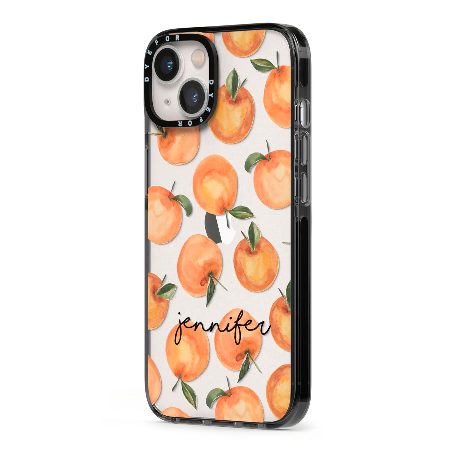 Personalised Oranges Name iPhone 13 Black Impact Case Side Angle on Silver phone
