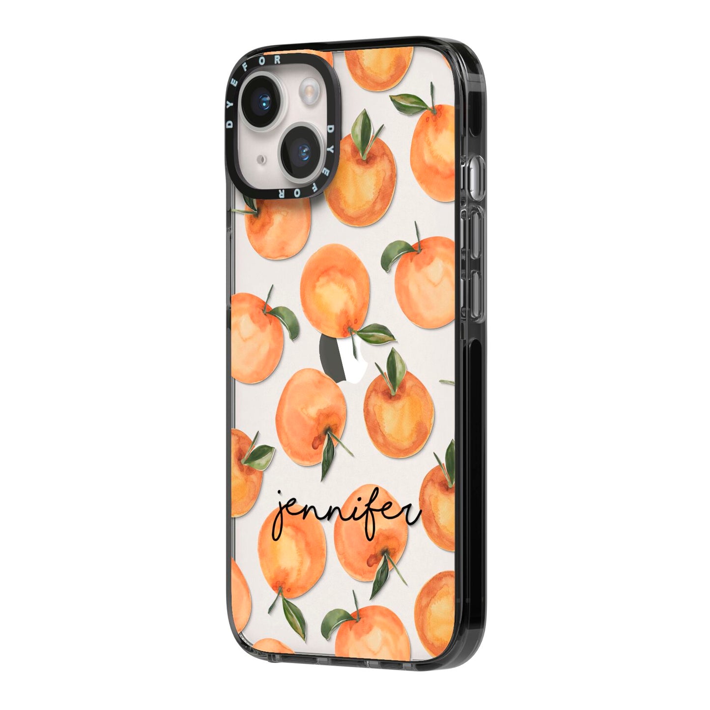 Personalised Oranges Name iPhone 14 Black Impact Case Side Angle on Silver phone