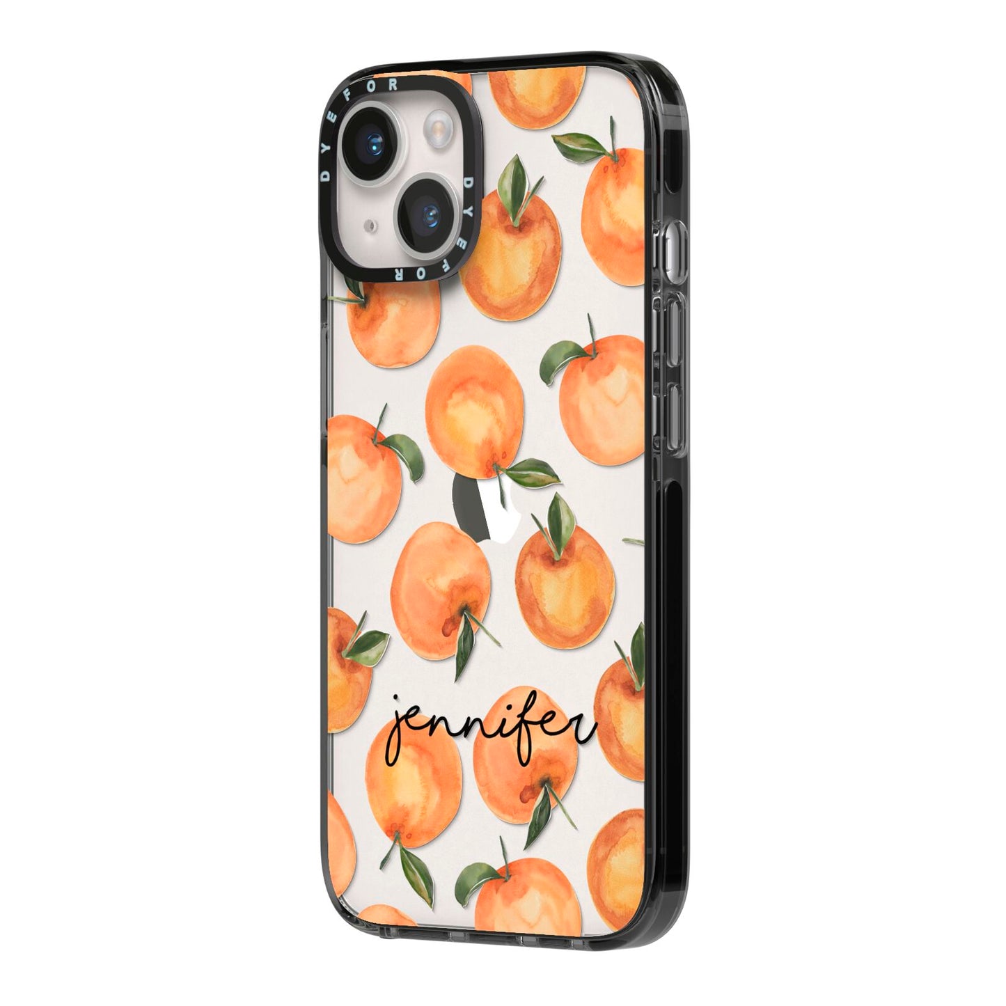 Personalised Oranges Name iPhone 14 Black Impact Case Side Angle on Silver phone