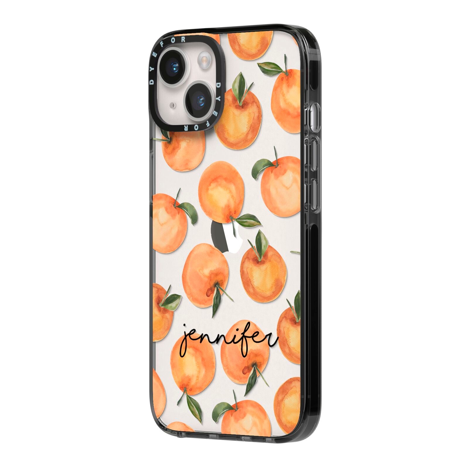 Personalised Oranges Name iPhone 14 Black Impact Case Side Angle on Silver phone
