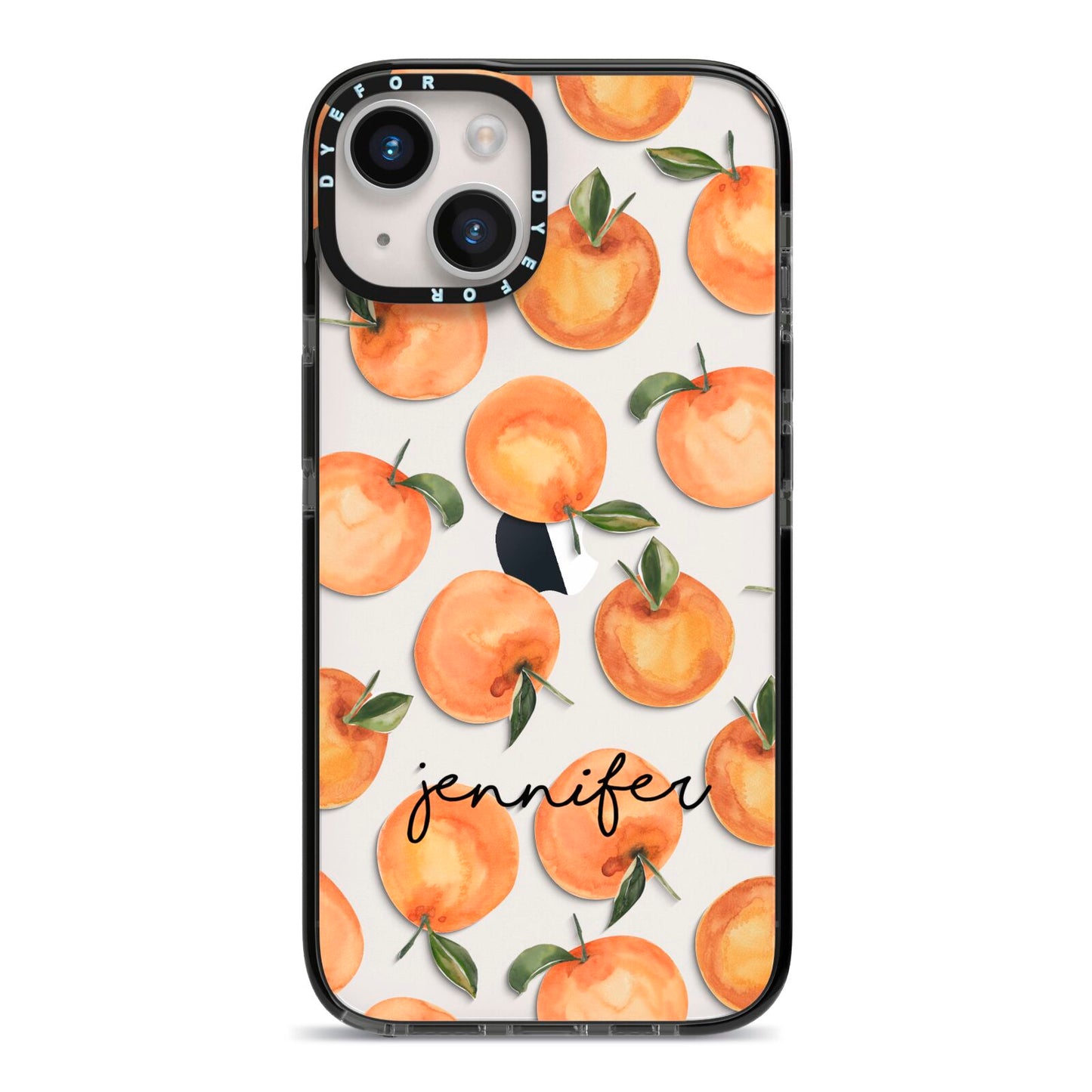 Personalised Oranges Name iPhone 14 Black Impact Case on Silver phone