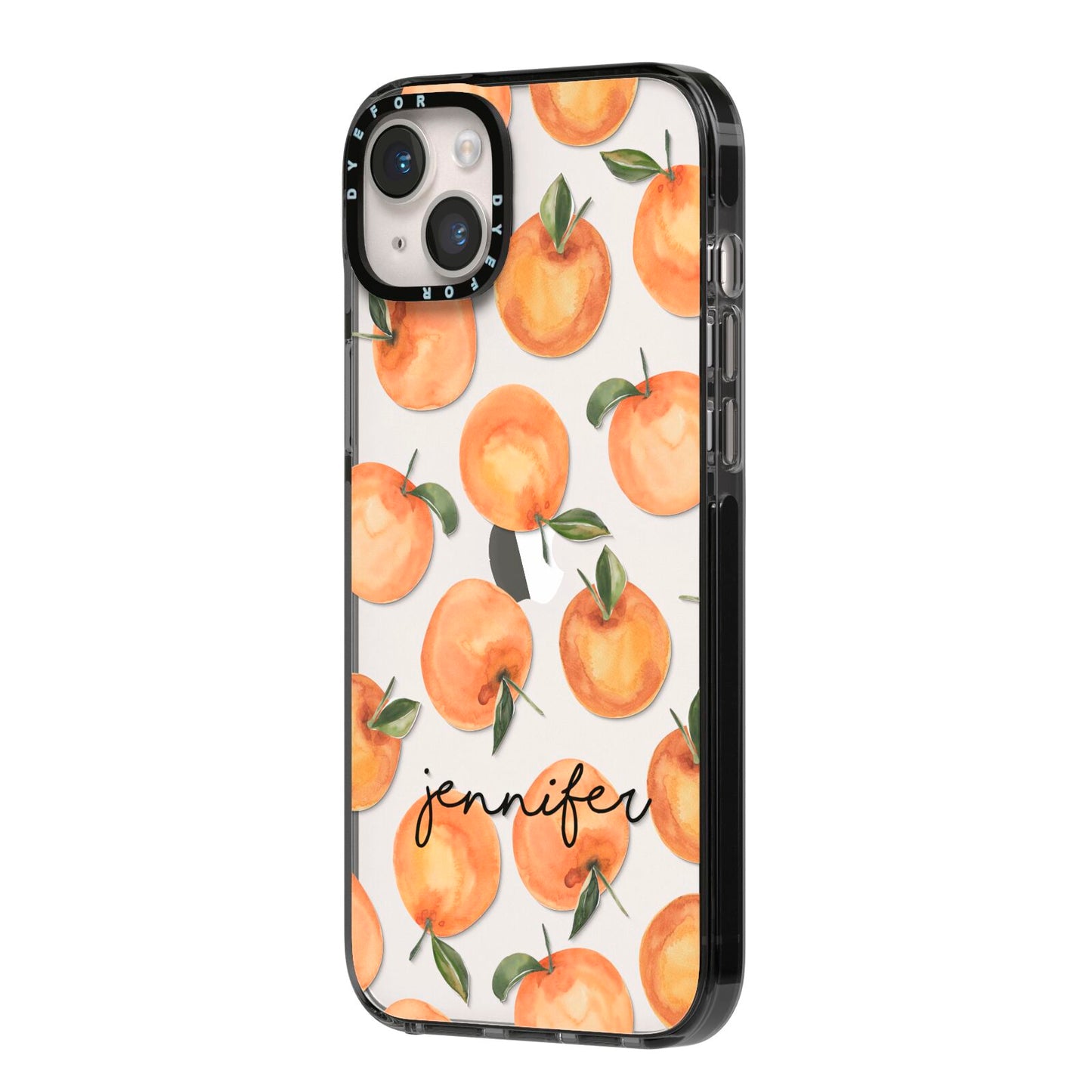 Personalised Oranges Name iPhone 14 Plus Black Impact Case Side Angle on Silver phone