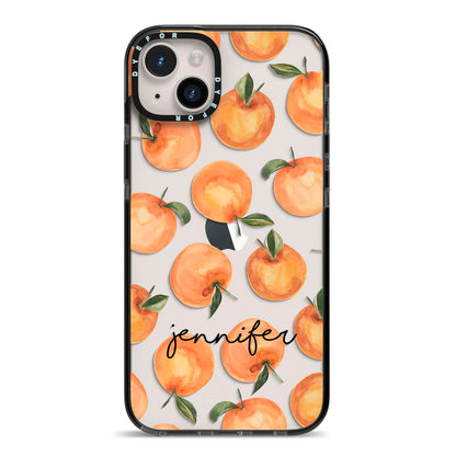 Personalised Oranges Name iPhone 14 Plus Black Impact Case on Silver phone