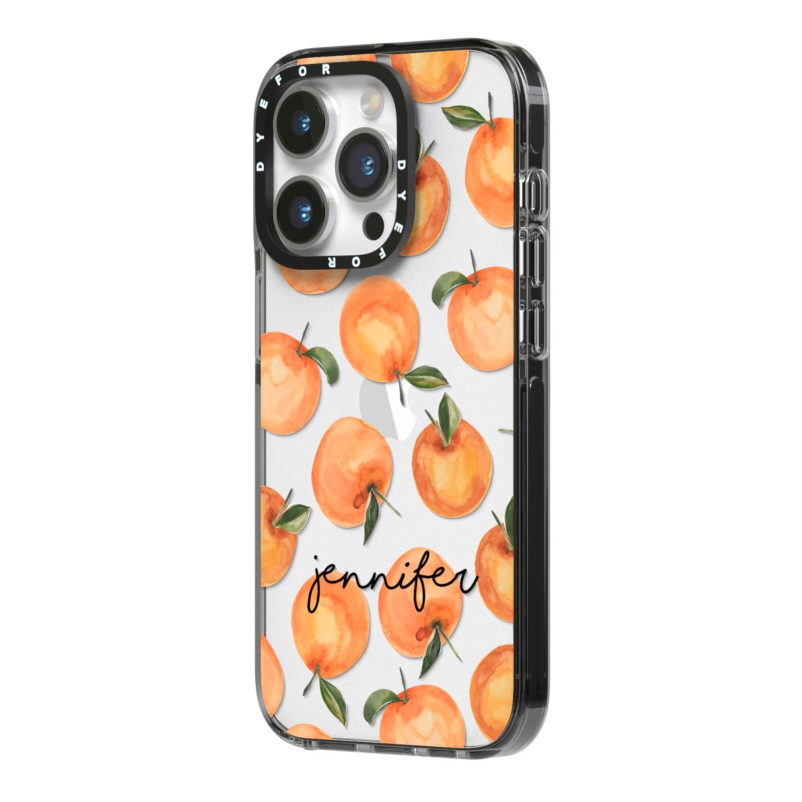 Personalised Oranges Name iPhone 14 Pro Black Impact Case Side Angle on Silver phone