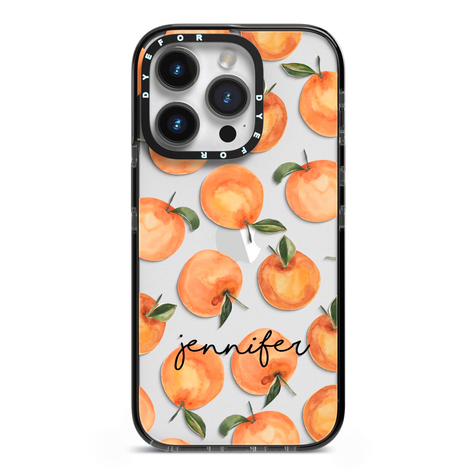 Personalised Oranges Name iPhone 14 Pro Black Impact Case on Silver phone
